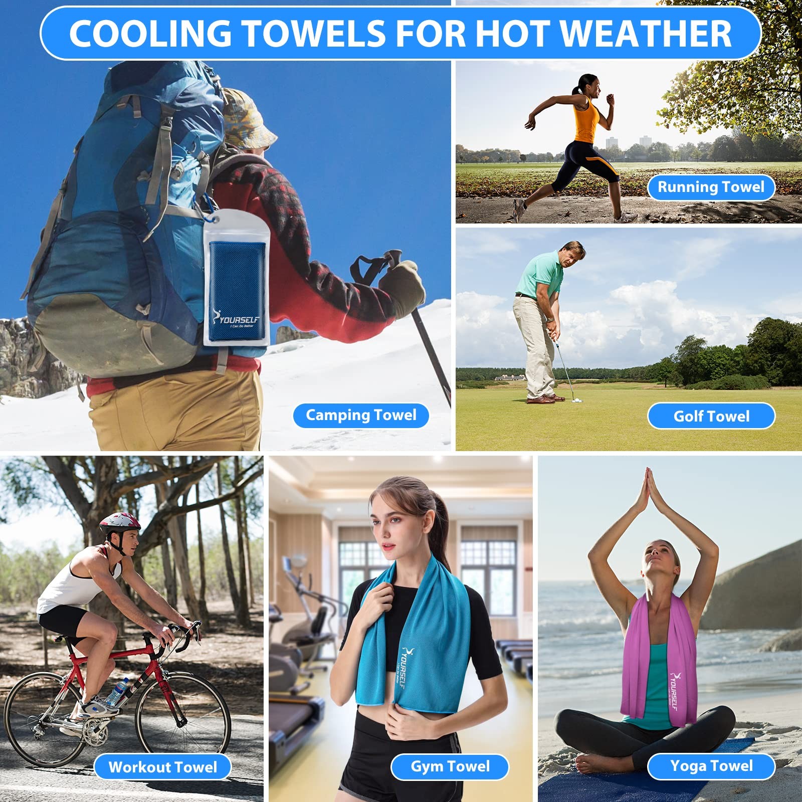 SYOURSELF Cooling Towel for Instant Relief Cool Bowling 40&Prime; x 12&Prime;, Dark Blue
