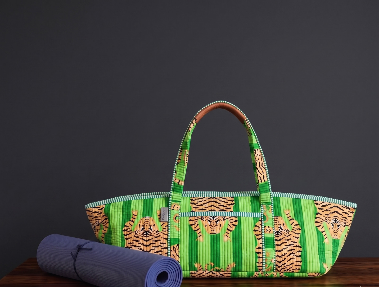 Green Quilted Tiger Print Yoga Mat Bag: Indian Handmade 100% Cotton Tote Bag US