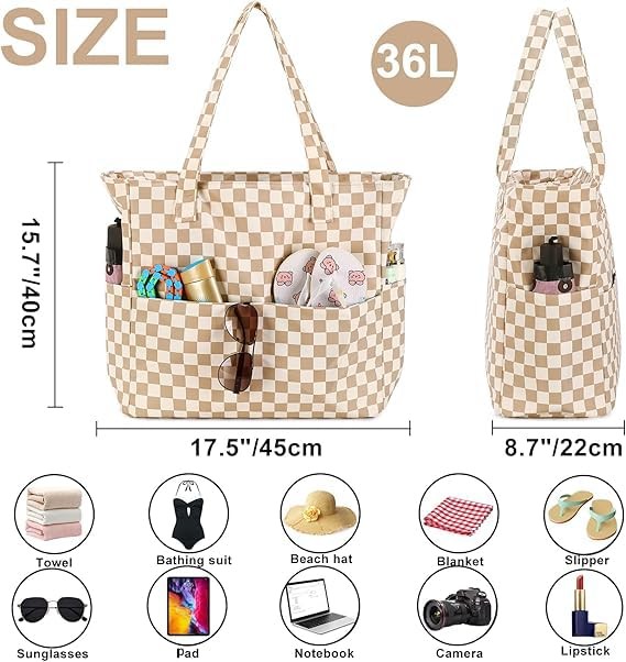Waterproof Beach Tote Pool Bags for Women Ladies Extra A Checked Brown White