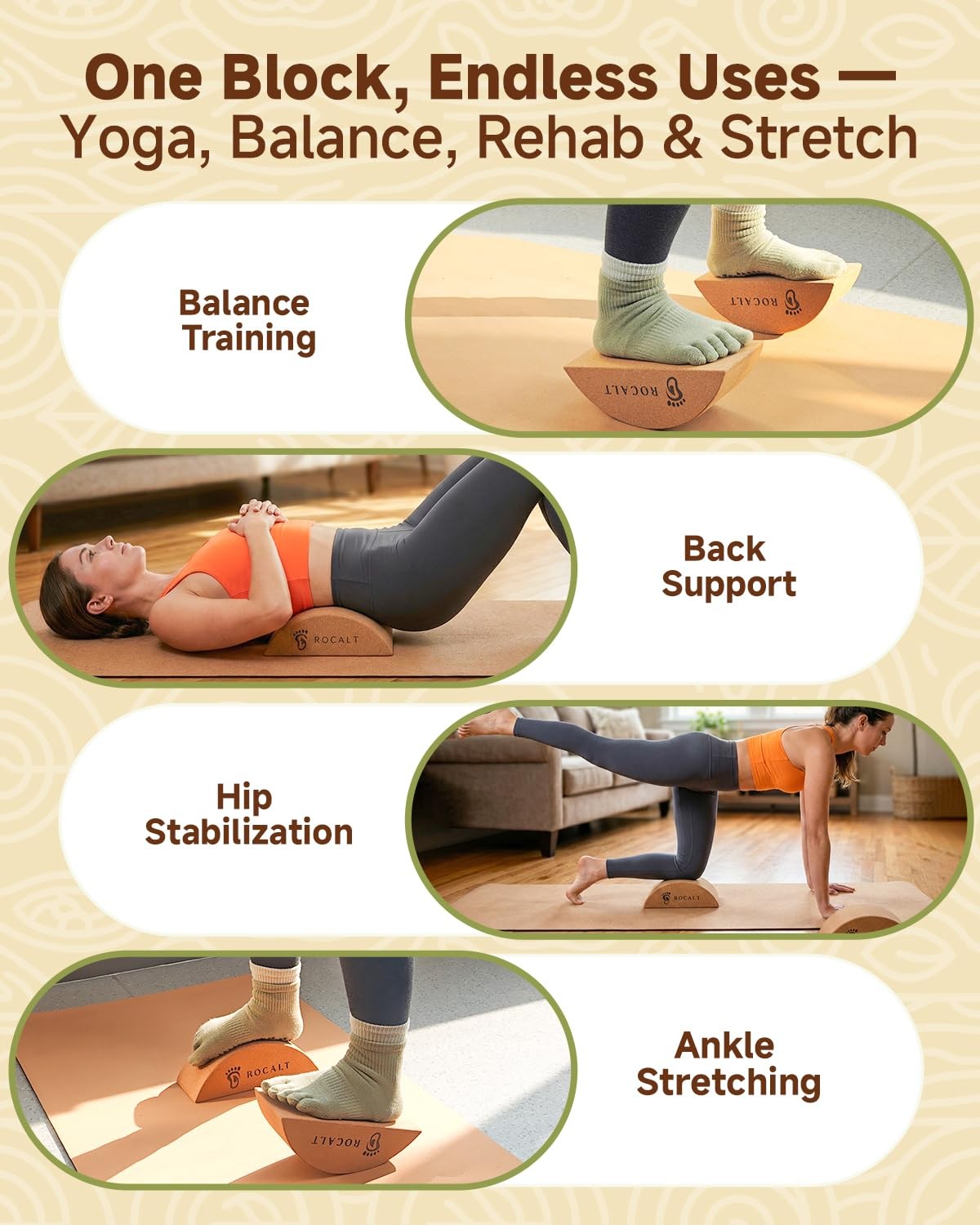 Rocalt Half Moon Cork Yoga Block and Foot Stretcher