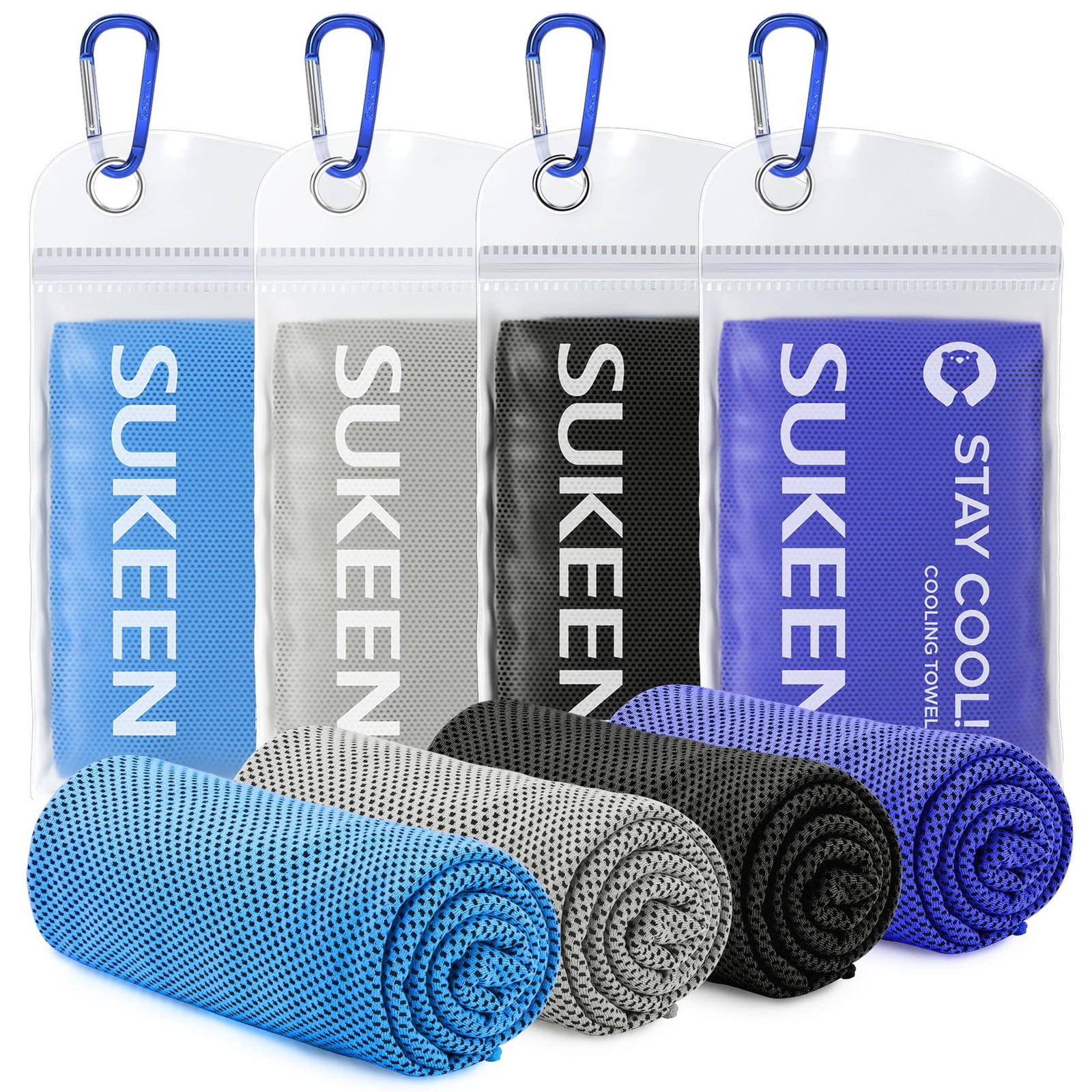 Sukeen 4 Pack Cooling Towels (40&Prime;x12&Prime;), 40&Prime; x 12&Prime;, Blue/Grey/Royal Blue/Black