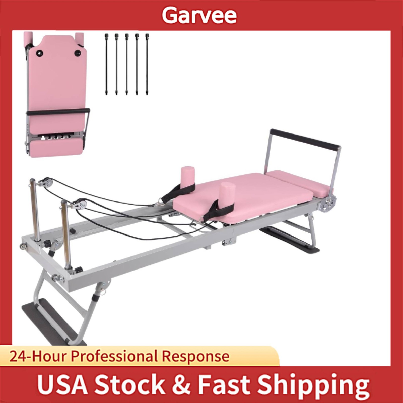 Resistance Ropes Included Pink Pilates Reformer Machine 77.5&Prime;, Foldable Adjustab