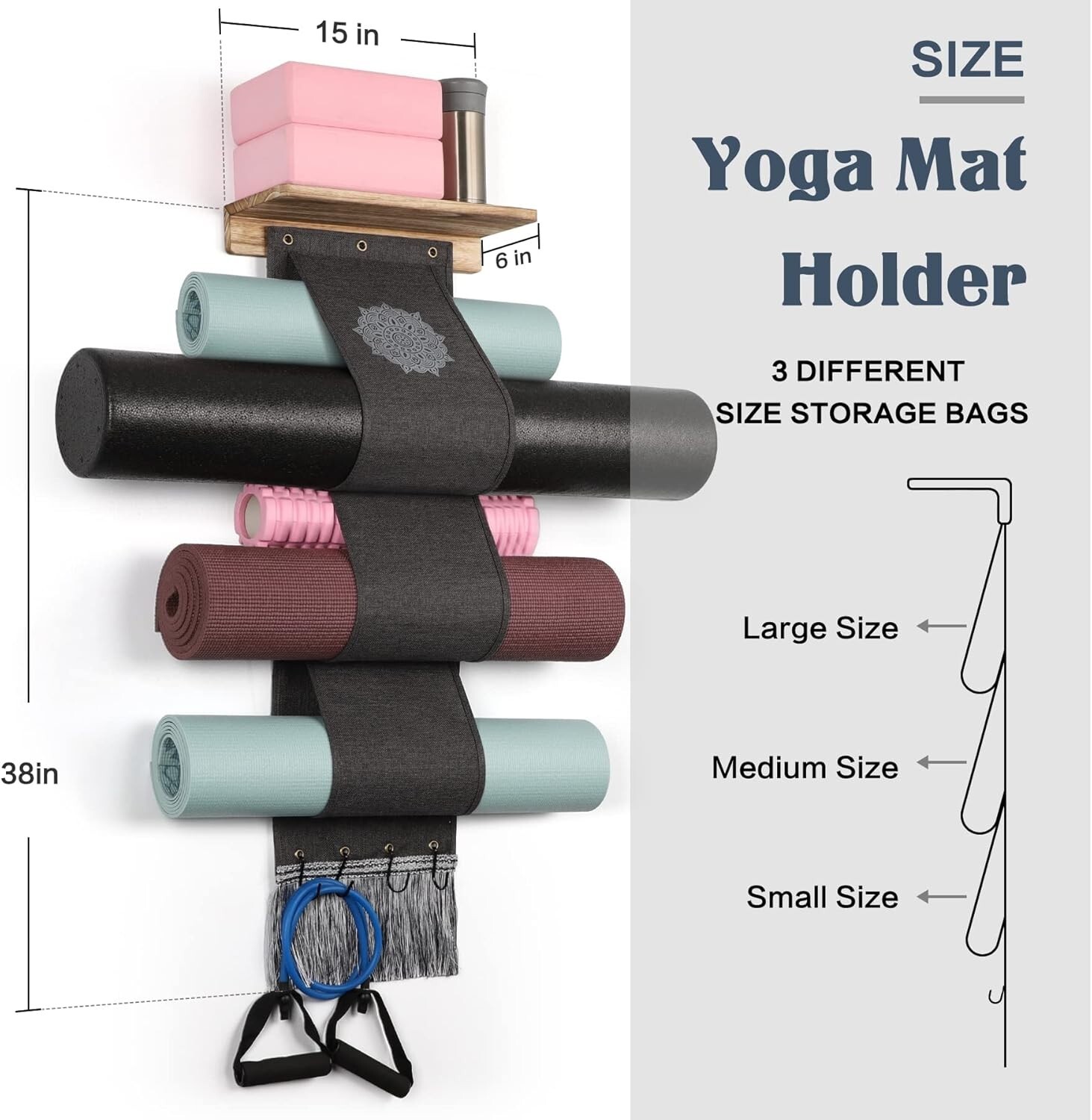 Yoga Mat Holder Wall Mount Yoga Mat Storage Rack with 3 Sizes Easy Access Pocket