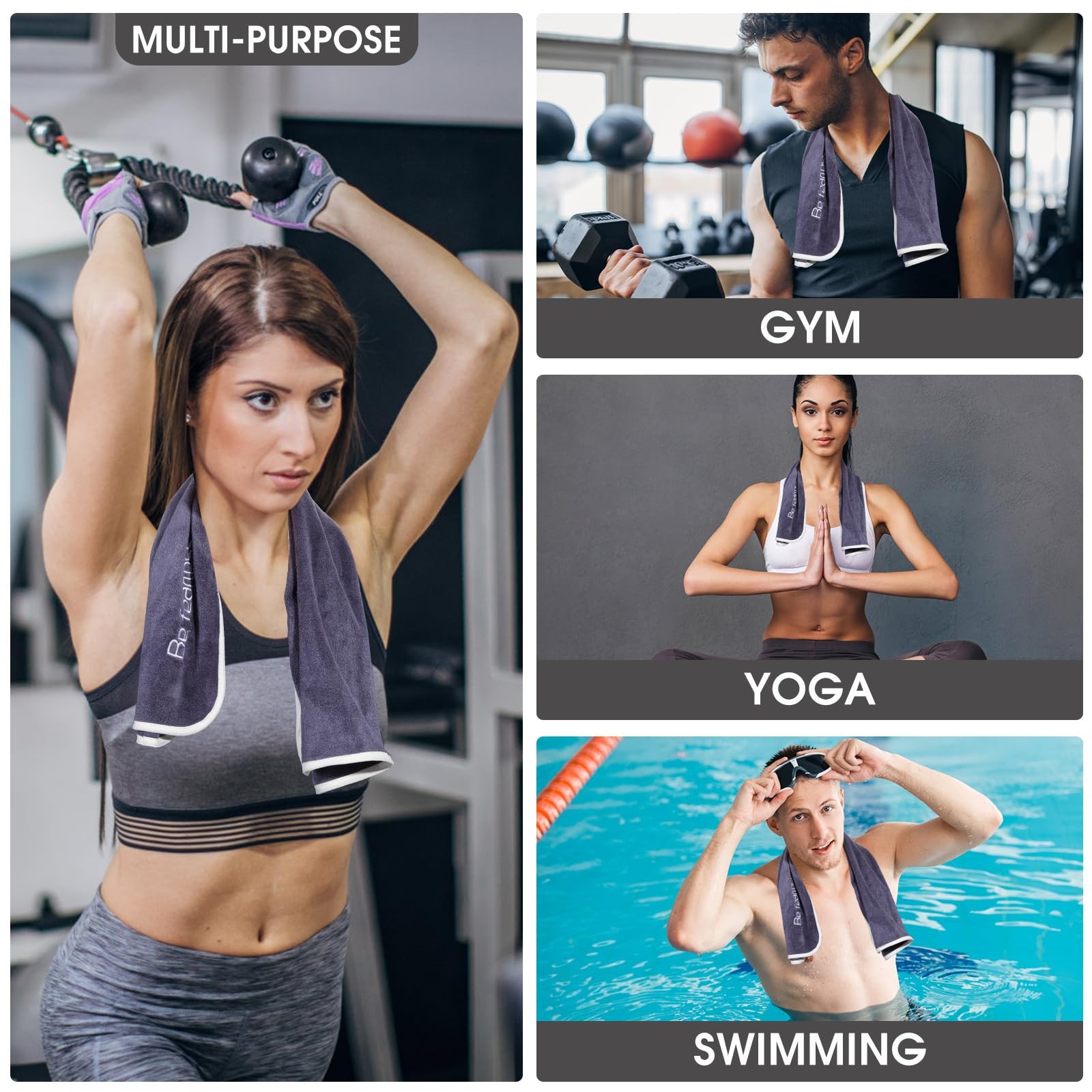 Xoofewal Microfiber Gym Towel Set for Men Women, 3 Pack, Blue+grey+purple