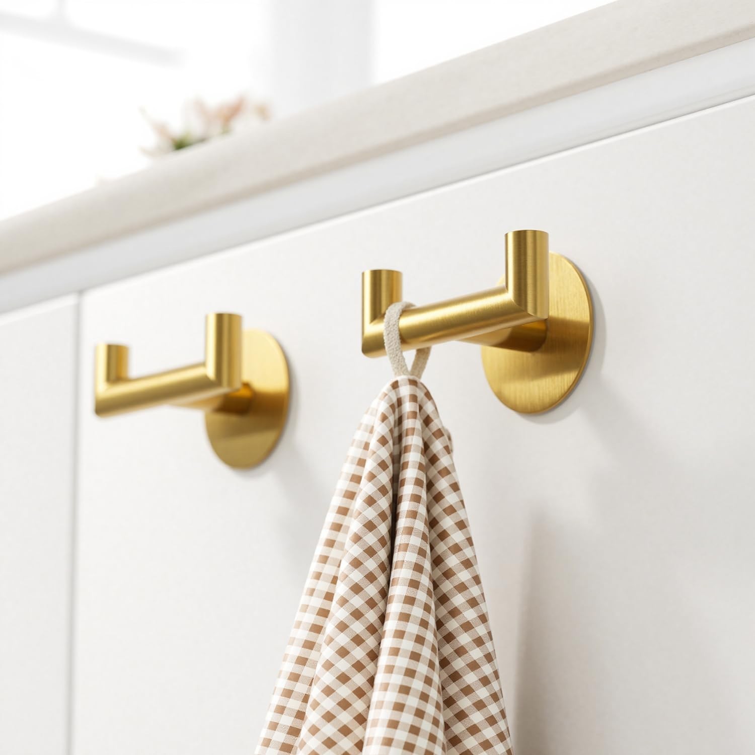 2 Pack Brushed Gold Bathroom Hooks for Towels – Self Adhesive Double Hooks fo…