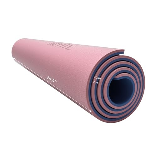 Extra Thick 12mm TPE Exercise Yoga Mat with Strap, 1/2 Inch Pink + Navy Blue