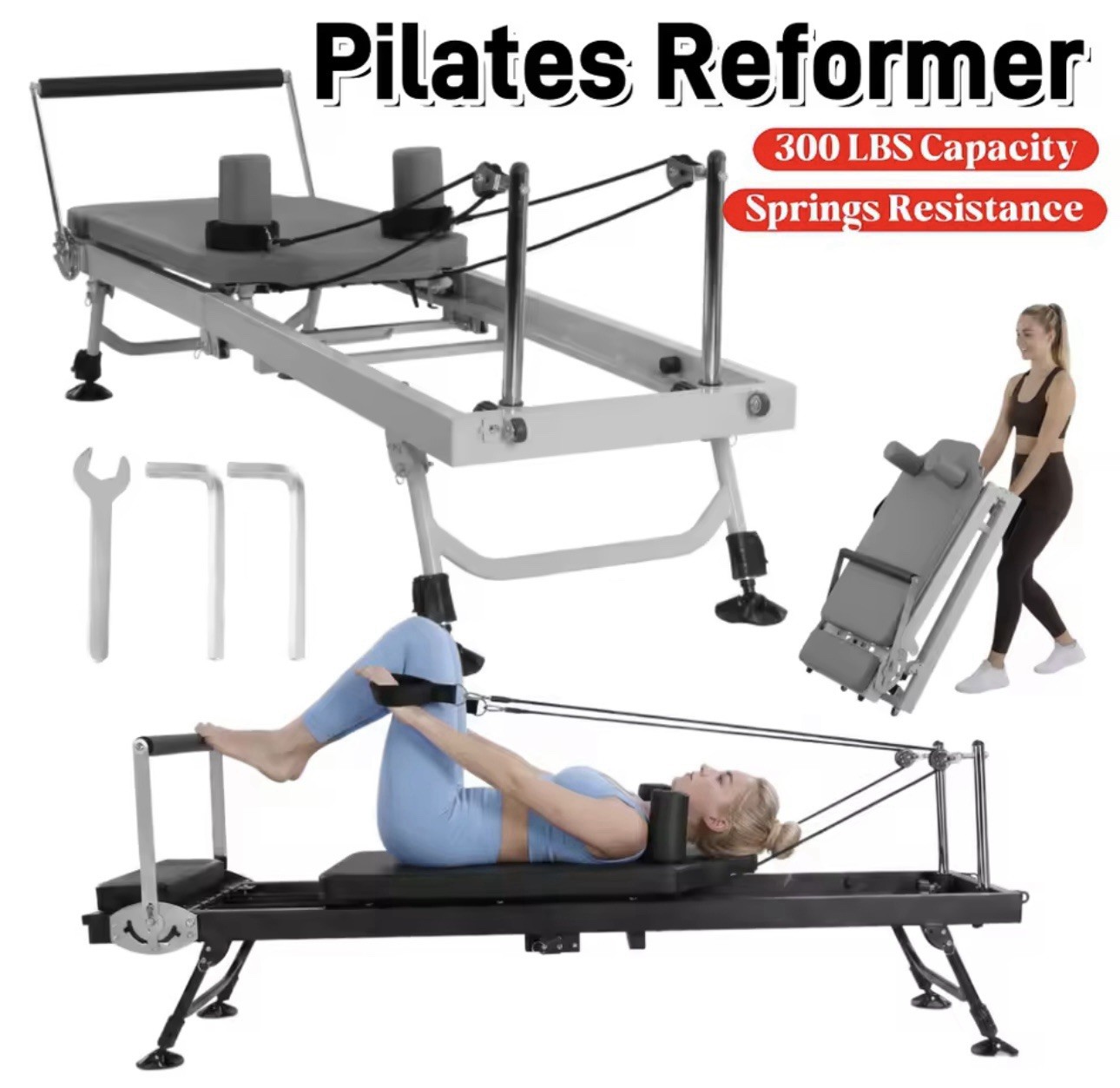 Foldable Pilates Reformer with Silent Pulleys, Springs Resistance, 300 lbs Capa…