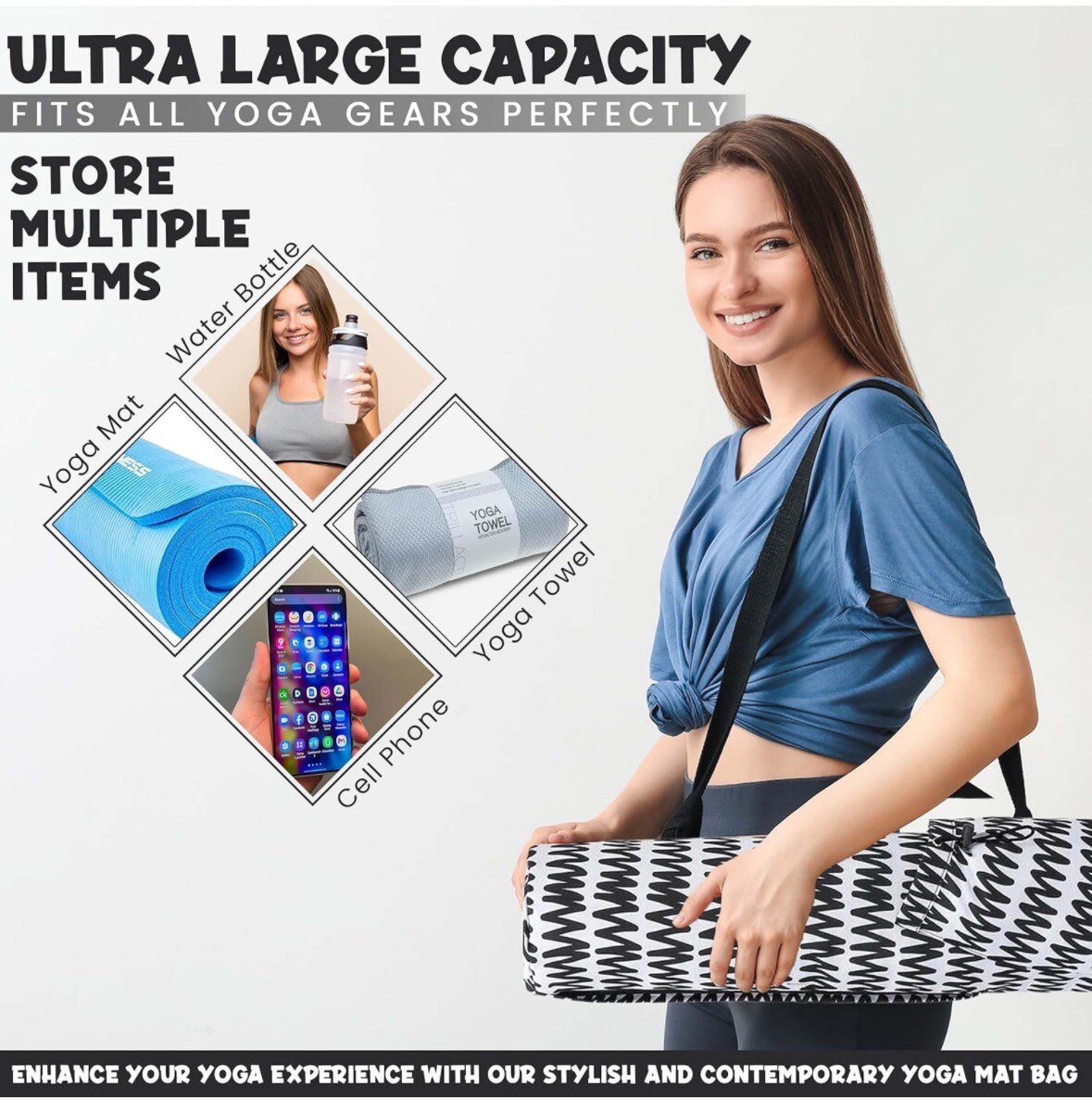 Yoga Mat Carrying Bag Fits Any Mat 2-5” and 27” Long With Pockets & Carry Strap