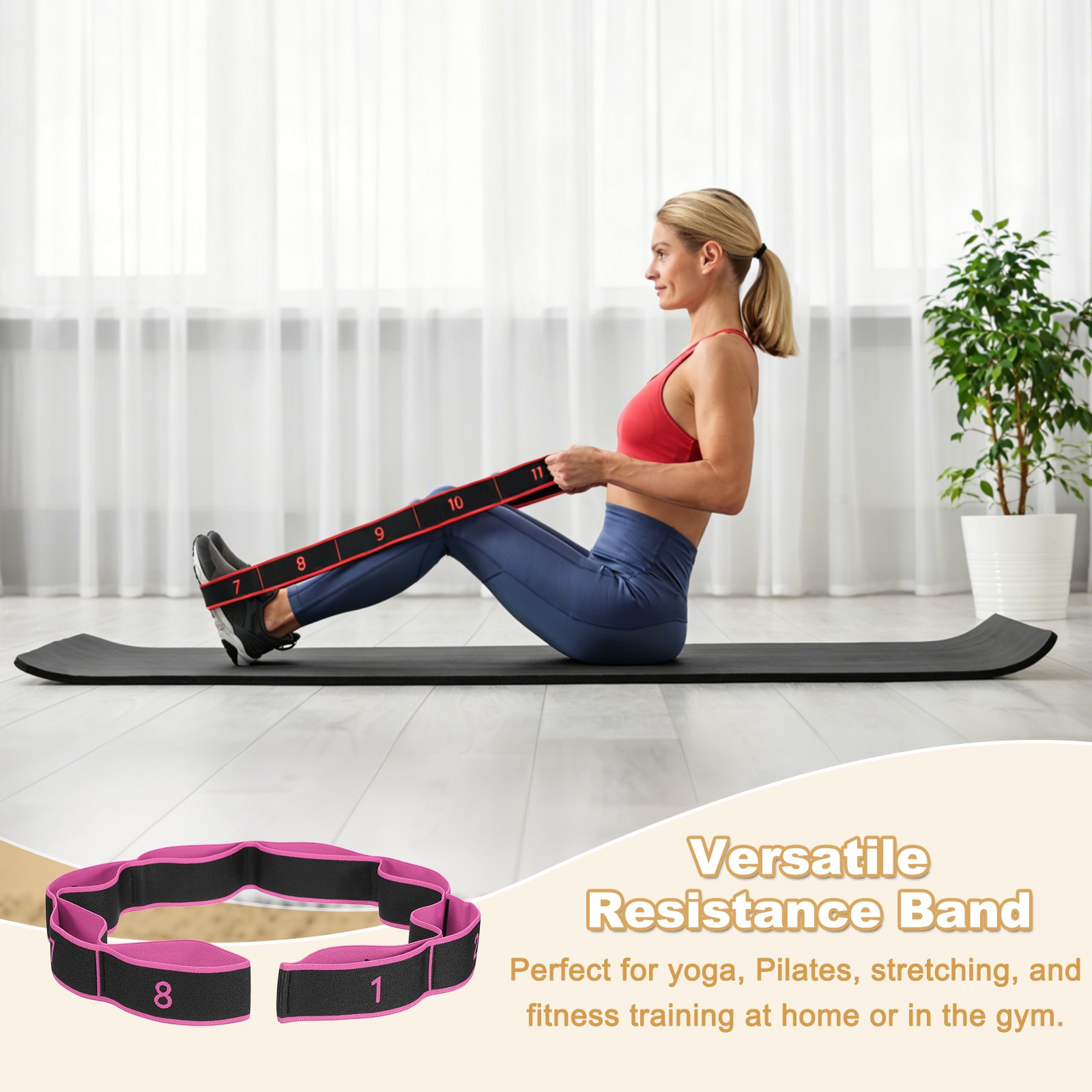 Fitness Resistance Bands, 8-Section Number Stretch Band 2 Pcs & Rose Red