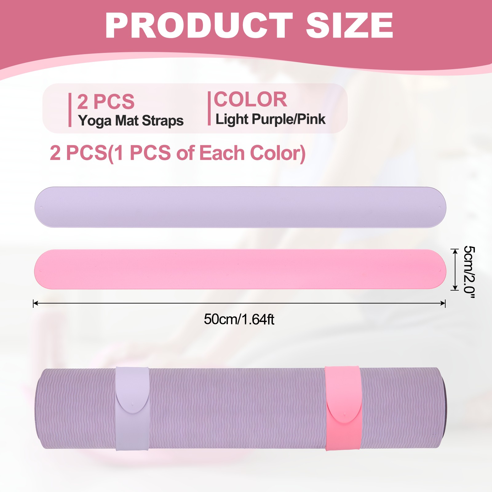 2Pcs Yoga Mat Strap Slap Band One Snap Yoga Mat Slap Band, Light Purple/Pink