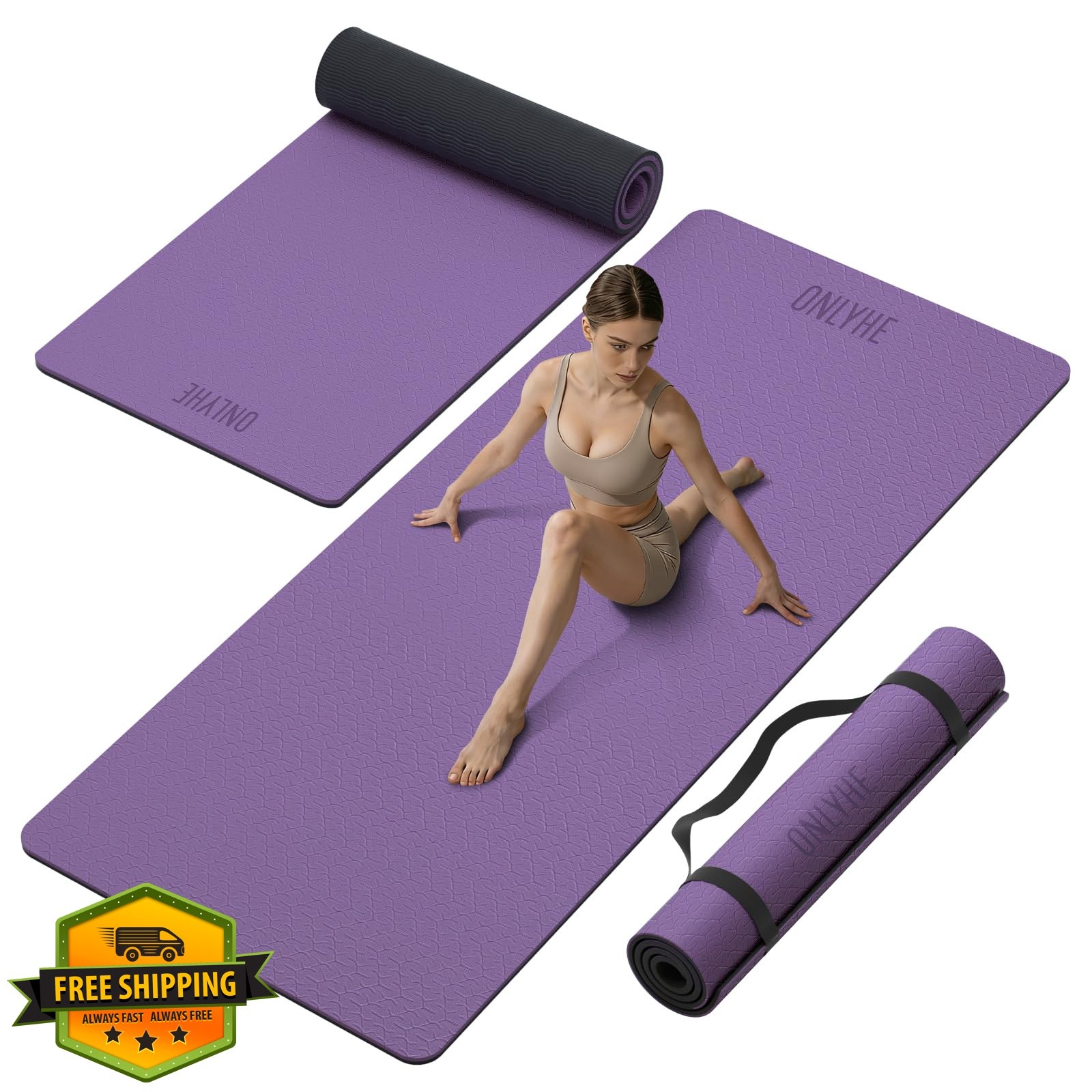 onlyhe Wide Yoga Mat 10mm Deep Purple Black