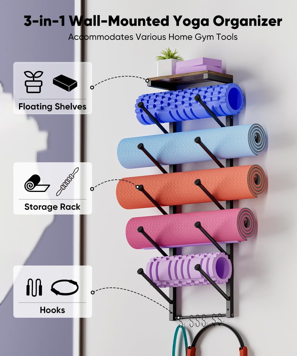 5 Tiers Yoga Mat Holder Rack Wall Mount with 6 Hooks for Hanging Accessory Yo…