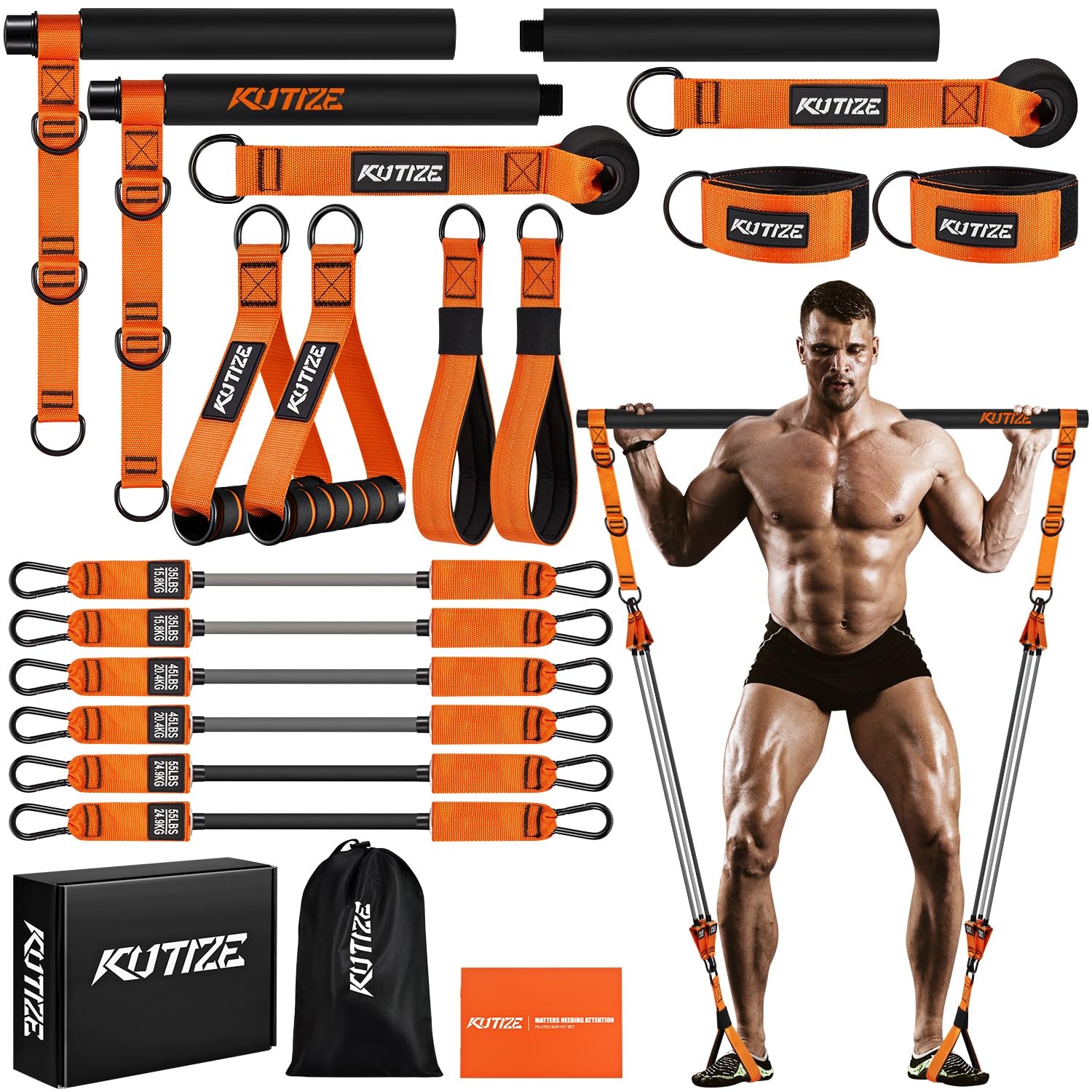 KUTIZE Pilates Bar Kit with Resistance Bands, 1-Orange