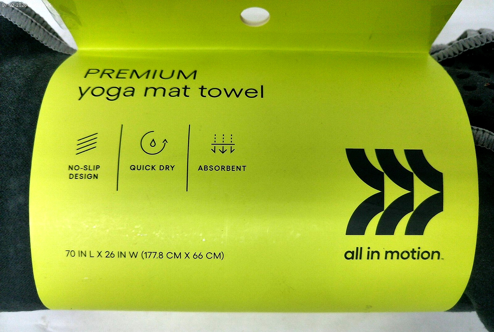 All in Motion Premium Yoga Mat Towel, 70&Prime;x26&Prime;, Grey