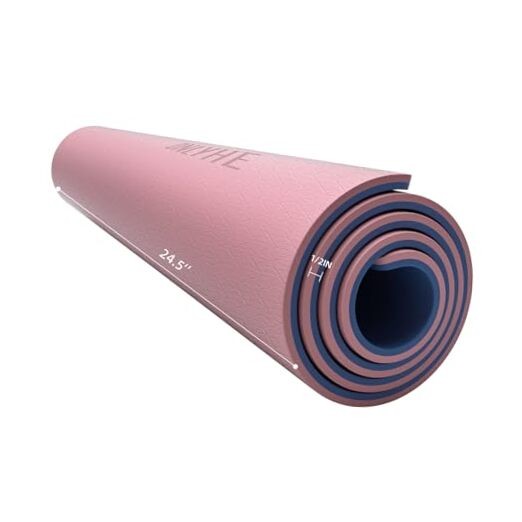 Extra Thick 12mm TPE Exercise Yoga Mat with Strap, 1/2 Inch Pink + Navy Blue