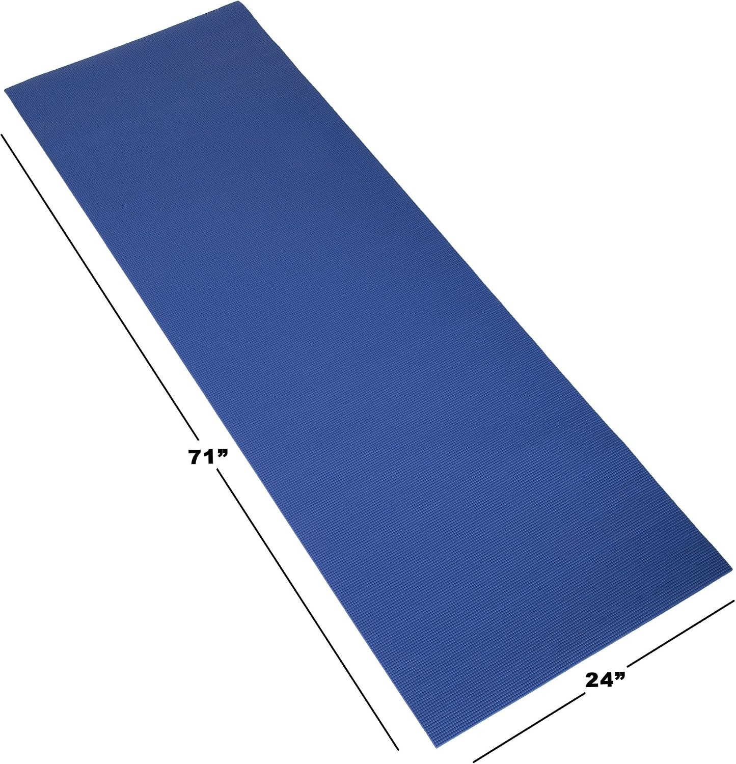 Blue Double Sided 1/4&Prime; Yoga, Workout, Exercise Mat: 71&Prime;x24&Prime; with Carrying Strap