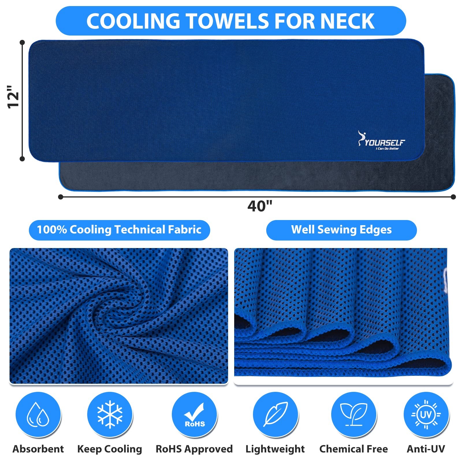 SYOURSELF Cooling Towel for Instant Relief Cool Bowling 40&Prime; x 12&Prime;, Dark Blue