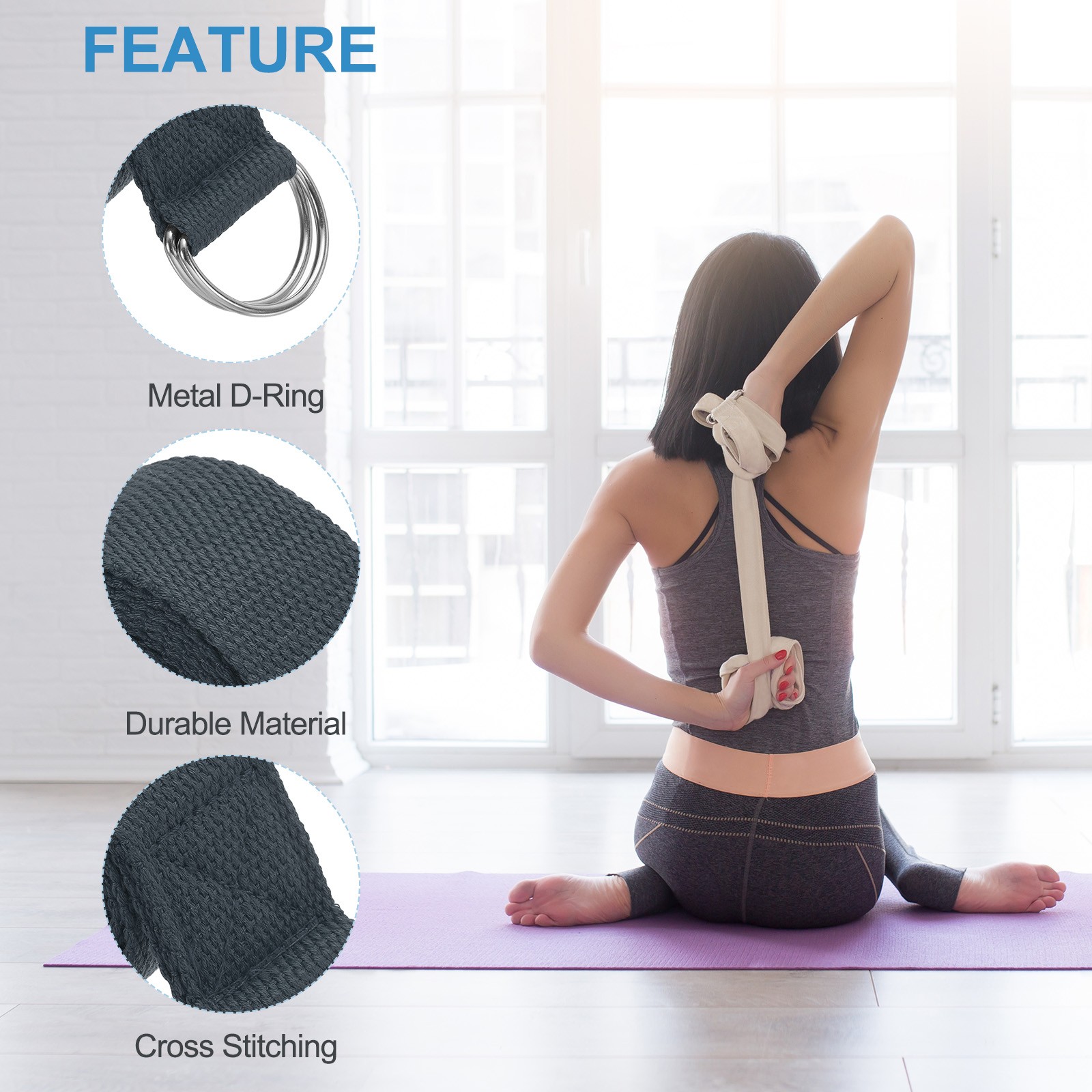 6Pcs 6 Feet Cotton Yoga Strap Belt Stretch Bands with D-Ring Buckle, Dark Grey