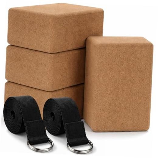 6 Pcs Cork Yoga Blocks with Straps 9 x 6 x 4 Inch Cork Yoga Brick 8.2 FT