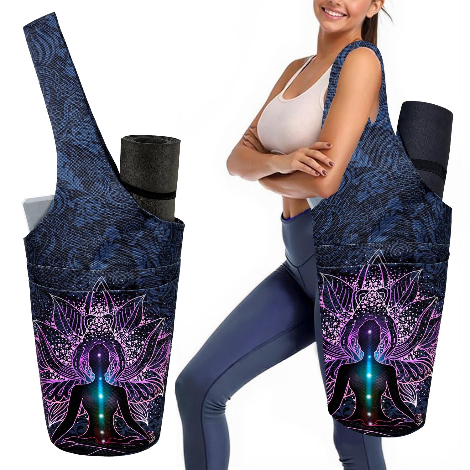 Womenâ€™s Boho Durable Yoga Mat Bag Carrier with Large Side Pocket for Pilates,