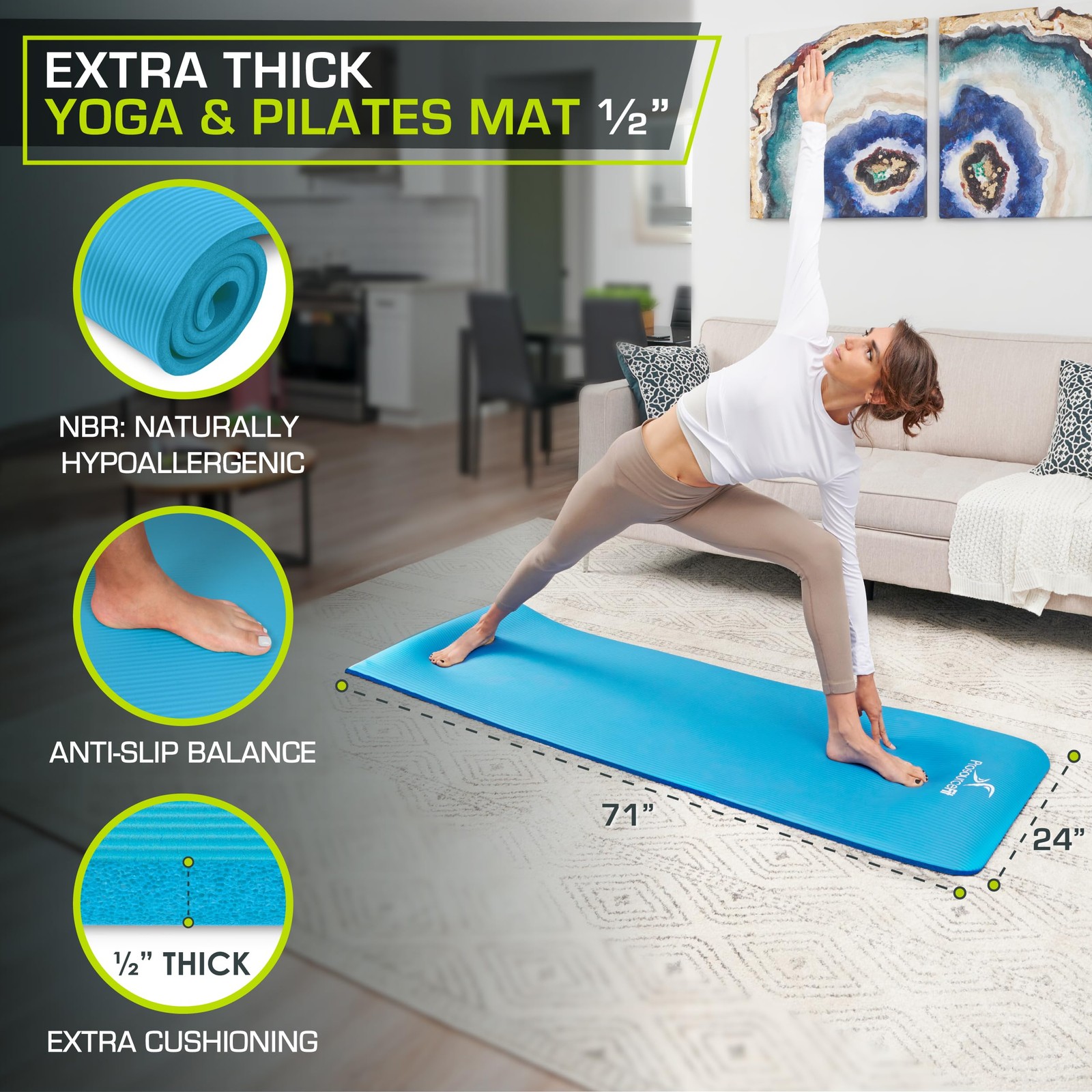 Extra Thick Yoga and Pilates Mat ½” (13mm), 71-inch Long High Density Exercis…