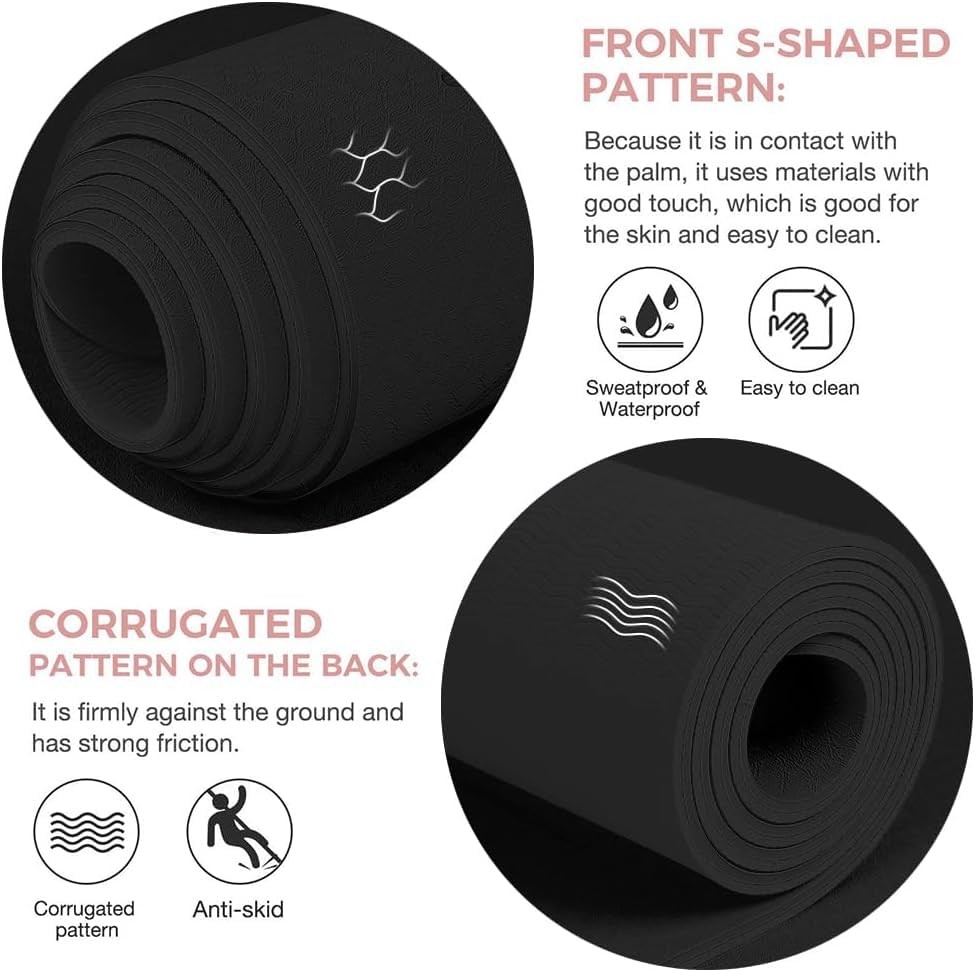 Yoga Mat Non Slip TPE Thick with Alignment 0.24*32*72 Inches, Black