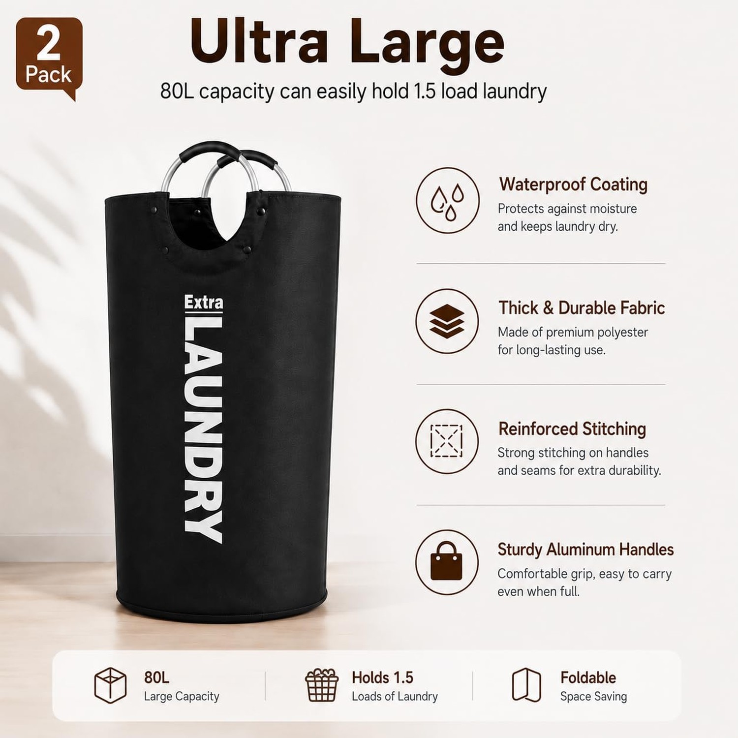 EZU 90L Large Laundry Basket with 8 Steel Rivet Reinforced Handles Freestandi…