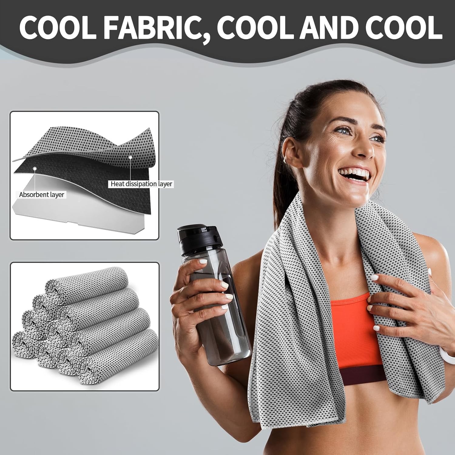 Honoson 10 Pcs Cooling Towel Bulk – Neck & Face Cool Chilly Large, Grey