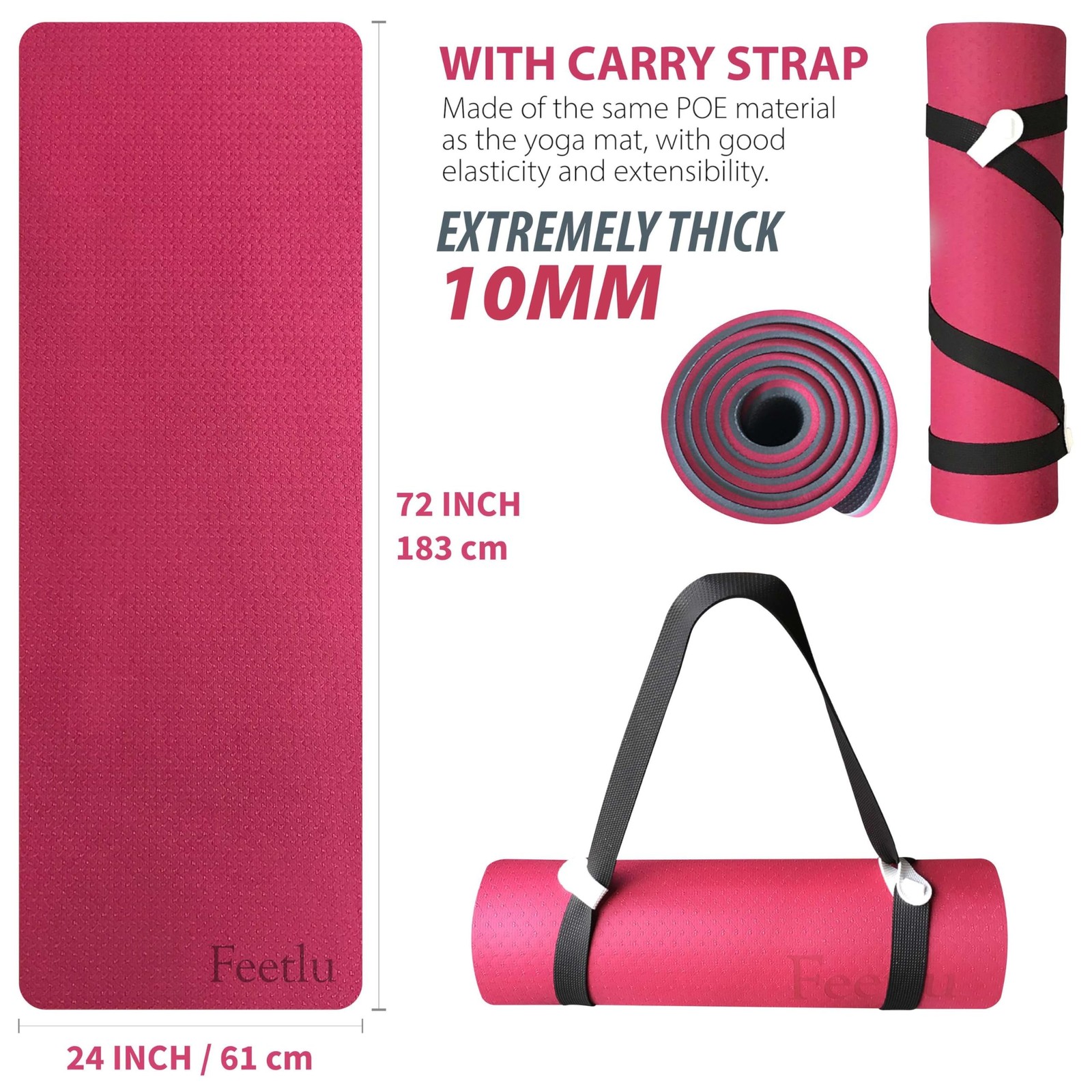 Yoga Mat with Strap – 10mm & 12mm Thick Yoga Mat, Non-Skid Dual Surface Wo