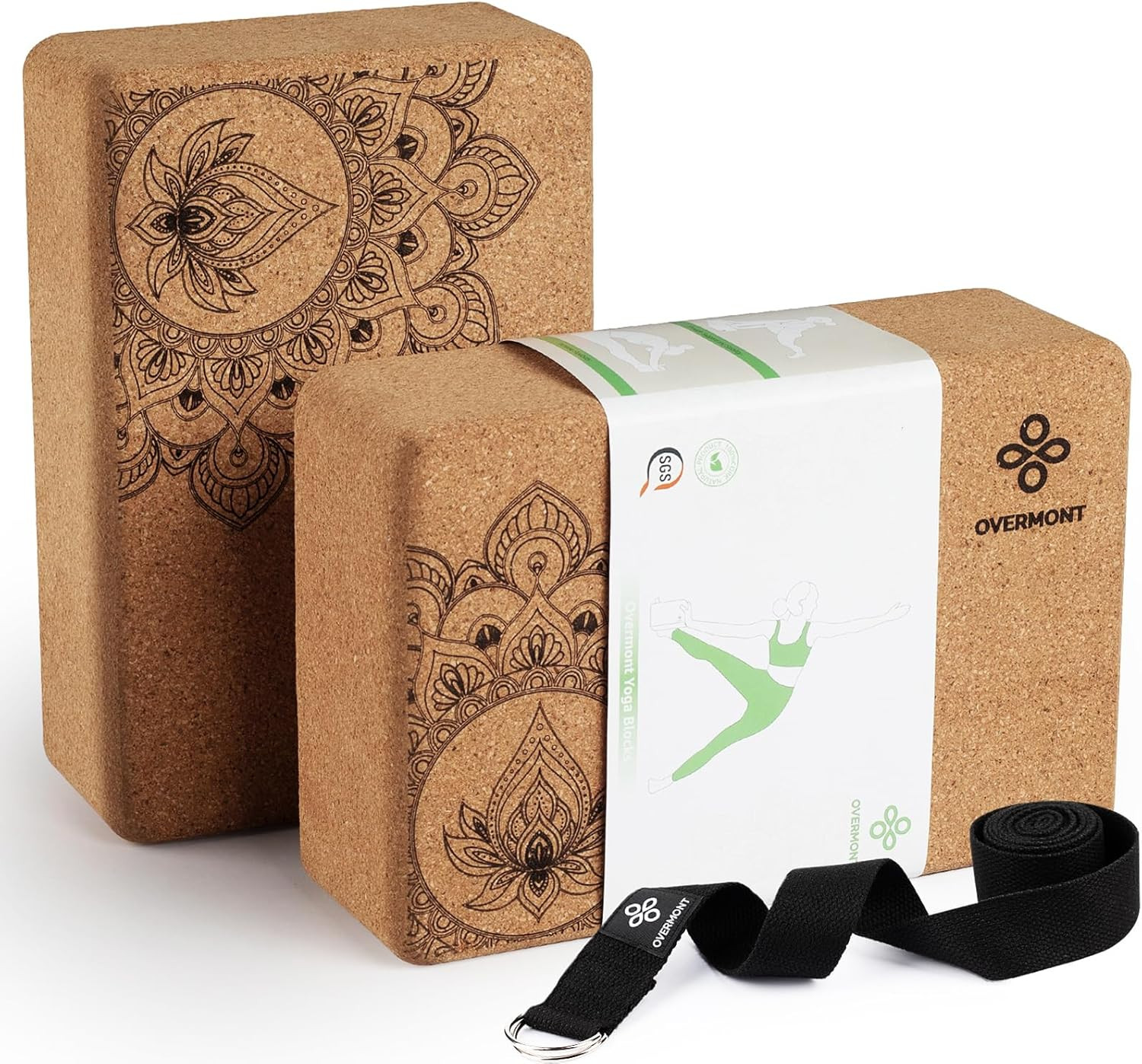 Overmont Cork Yoga Blocks 2 Pack with 8Ft Strap Natural Cork Bricks | High Densi