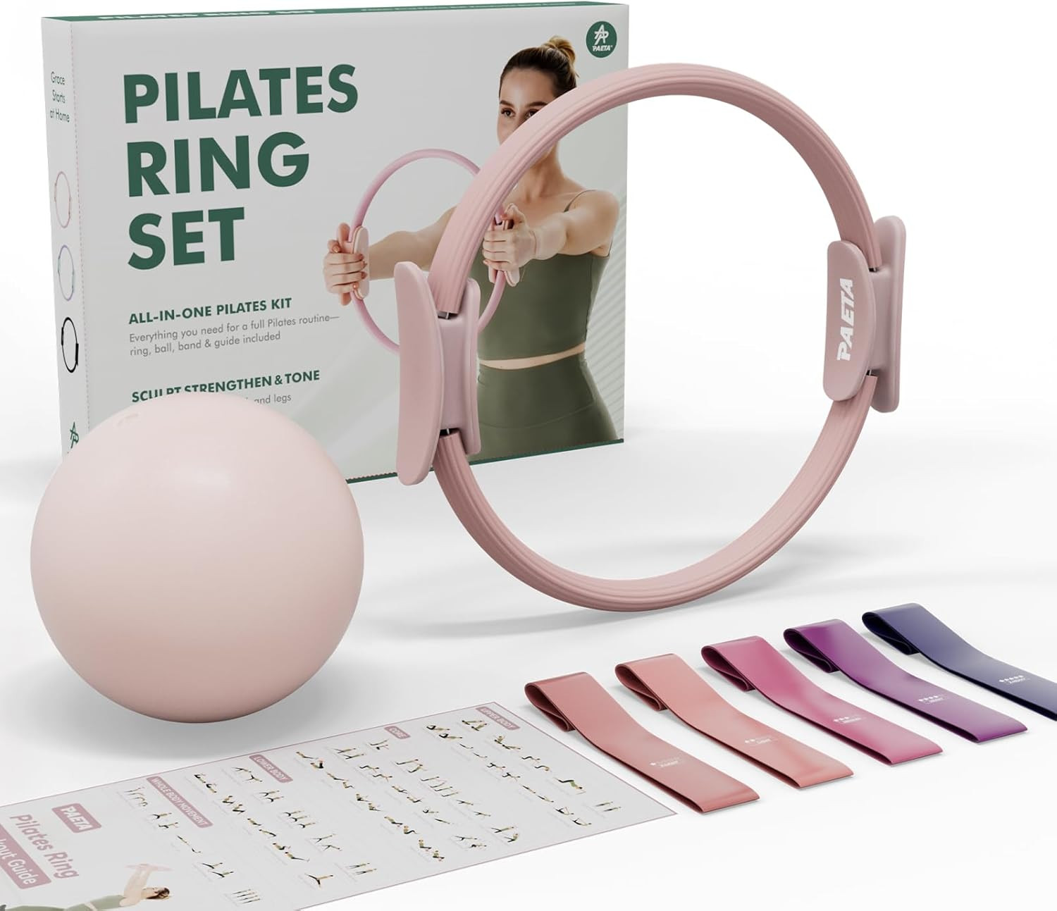 Pilates Ring Set – 14” Magic Circle (38 Lbs Resistance), 9.8” Pilates Ball, 5 Re