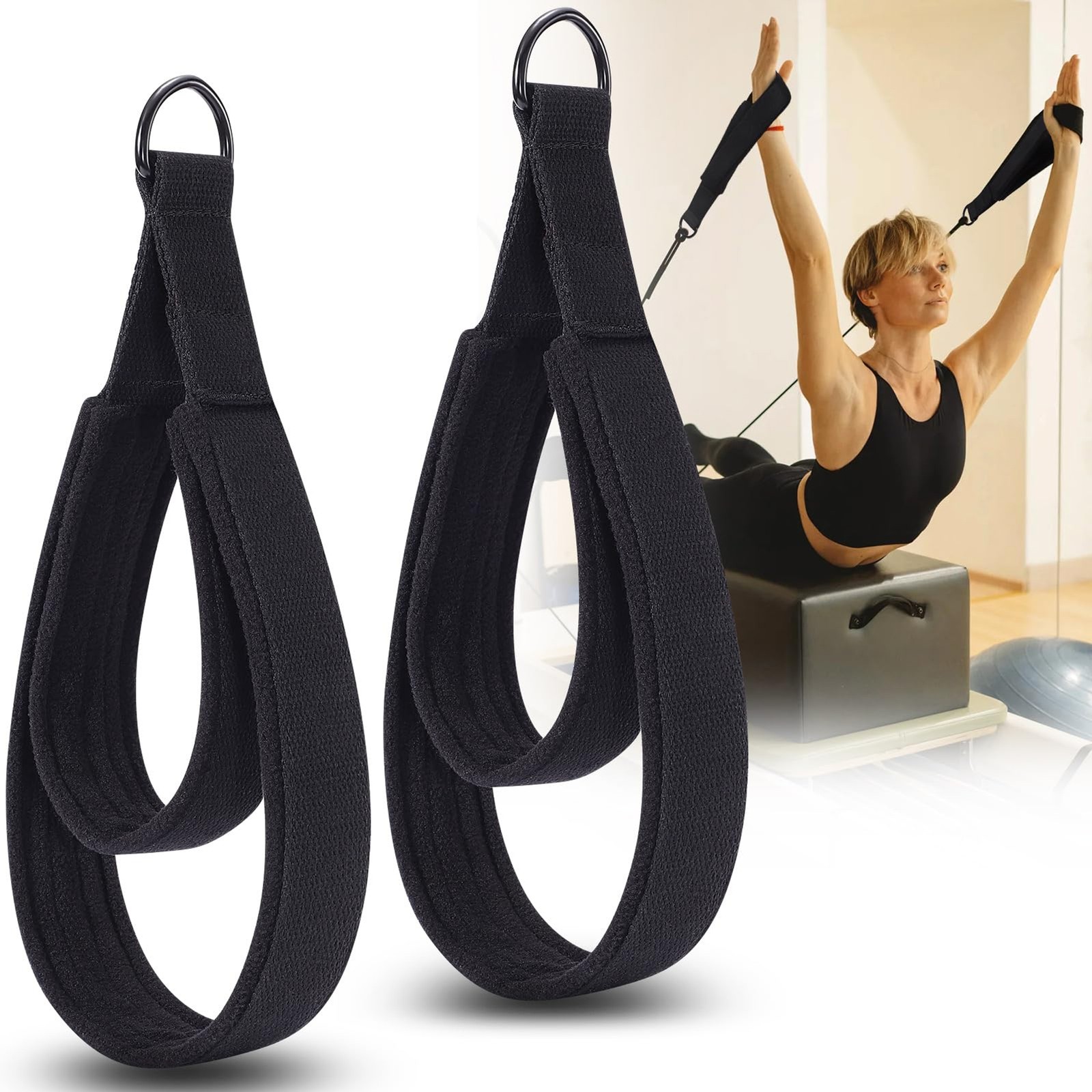 Pilates Straps – Double Loop D-Ring Straps for Reformer, Padded, Home Gym Workou