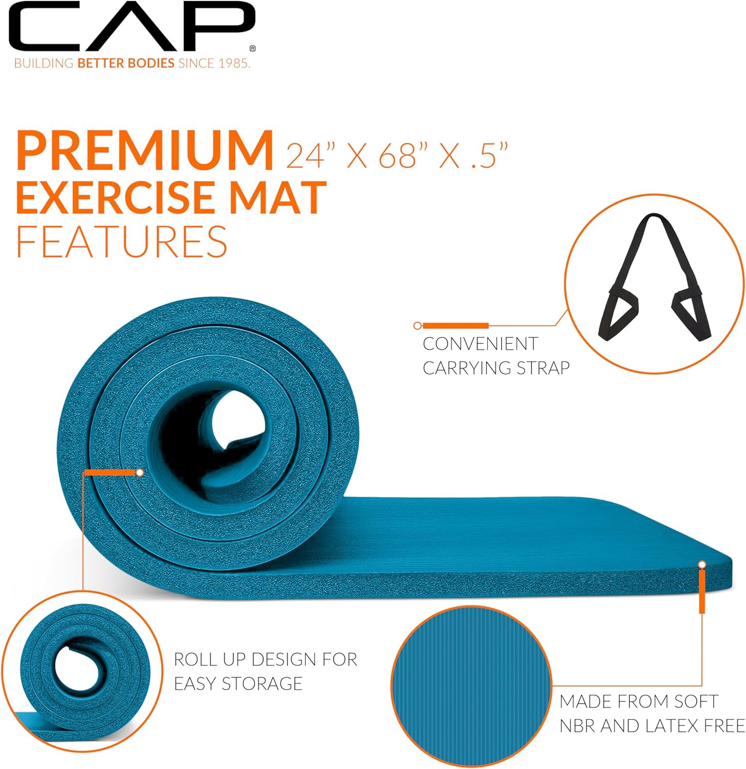 CAP Barbell 1/2-Inch High Density Exercise Yoga Mat with Strap | Multiple Option