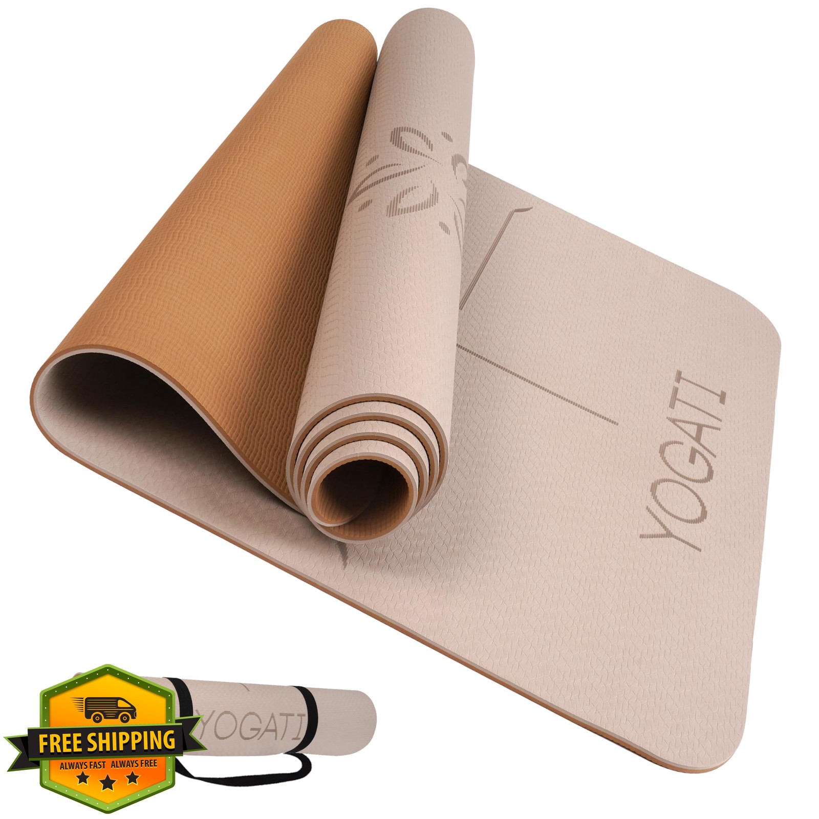 YOGATI Yoga Mat Brown Pink Purple Alignment Lines Non Slip Pilates