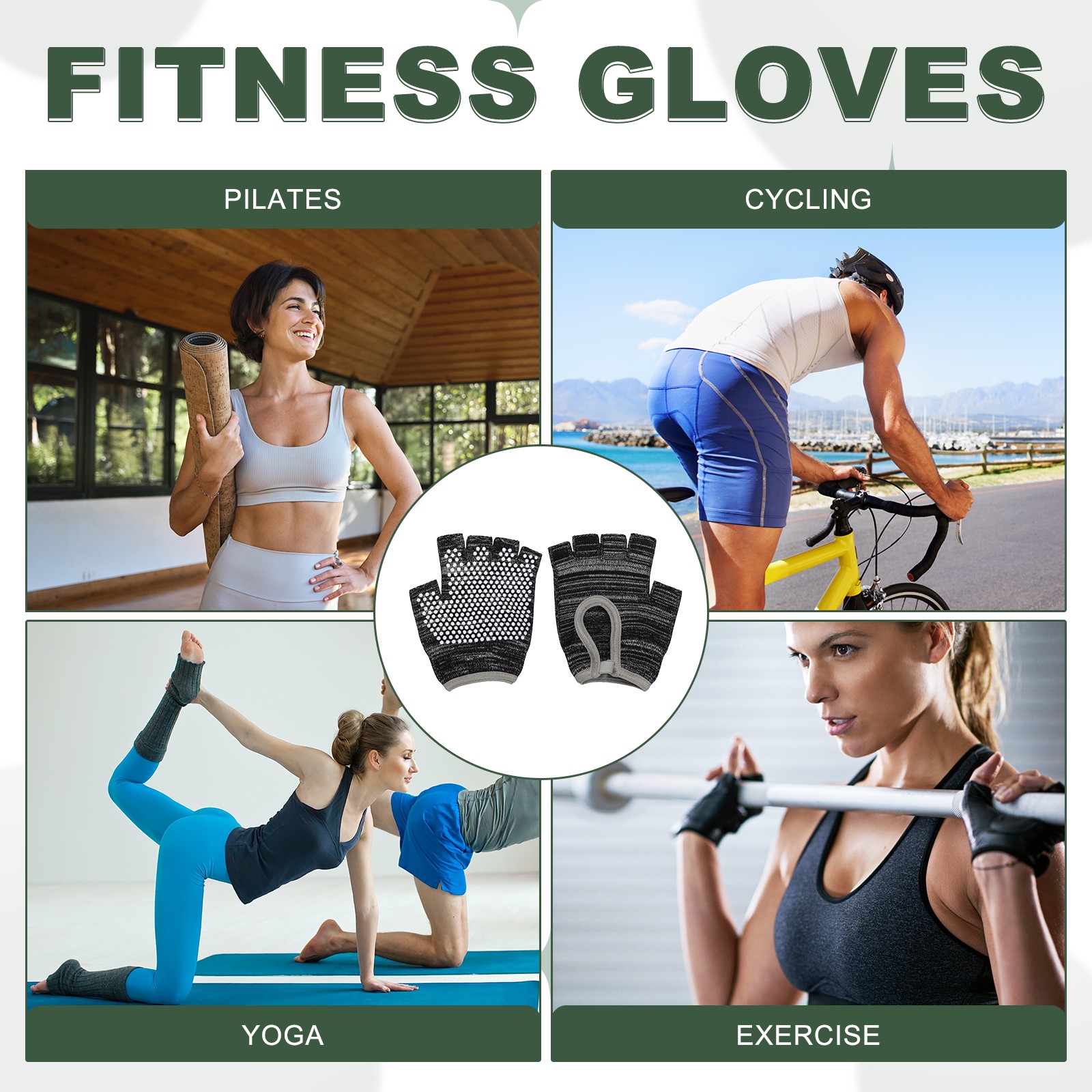 Yoga Gloves, Non Slip Fingerless Pilates Gloves, Black Grey