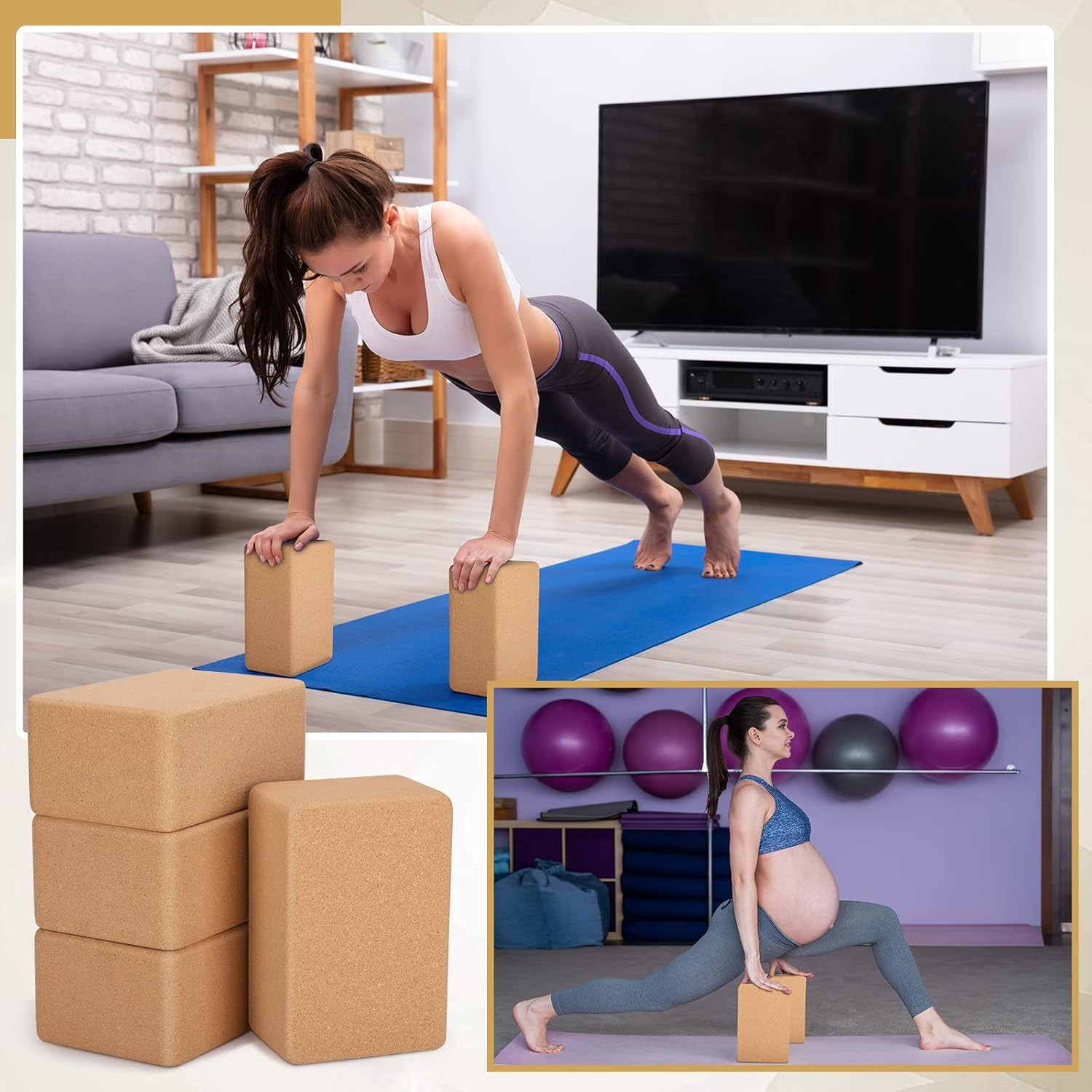 Leitee 4 Pcs Cork Yoga Blocks 9 X 6 X 4 Inch Cork Yoga Brick Non Slip Supportive