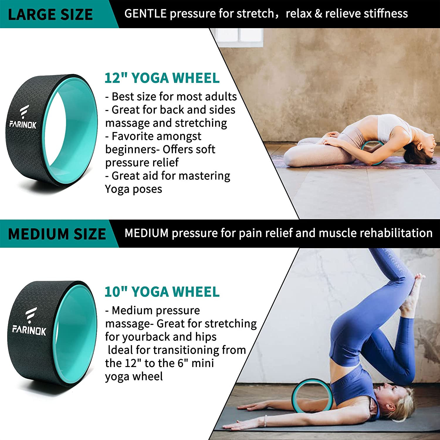 Yoga Wheel Set of 3+1, Upgraded 10MM Thick Back Wheels for Pain Relief & Stretch
