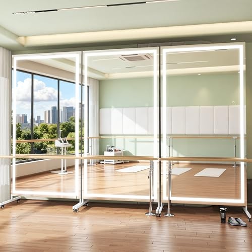 Home Gym Mirror with Light 360° Swivel on Wheels, 71&Prime; x 71&Prime;L x 36&Prime;W White/ Led