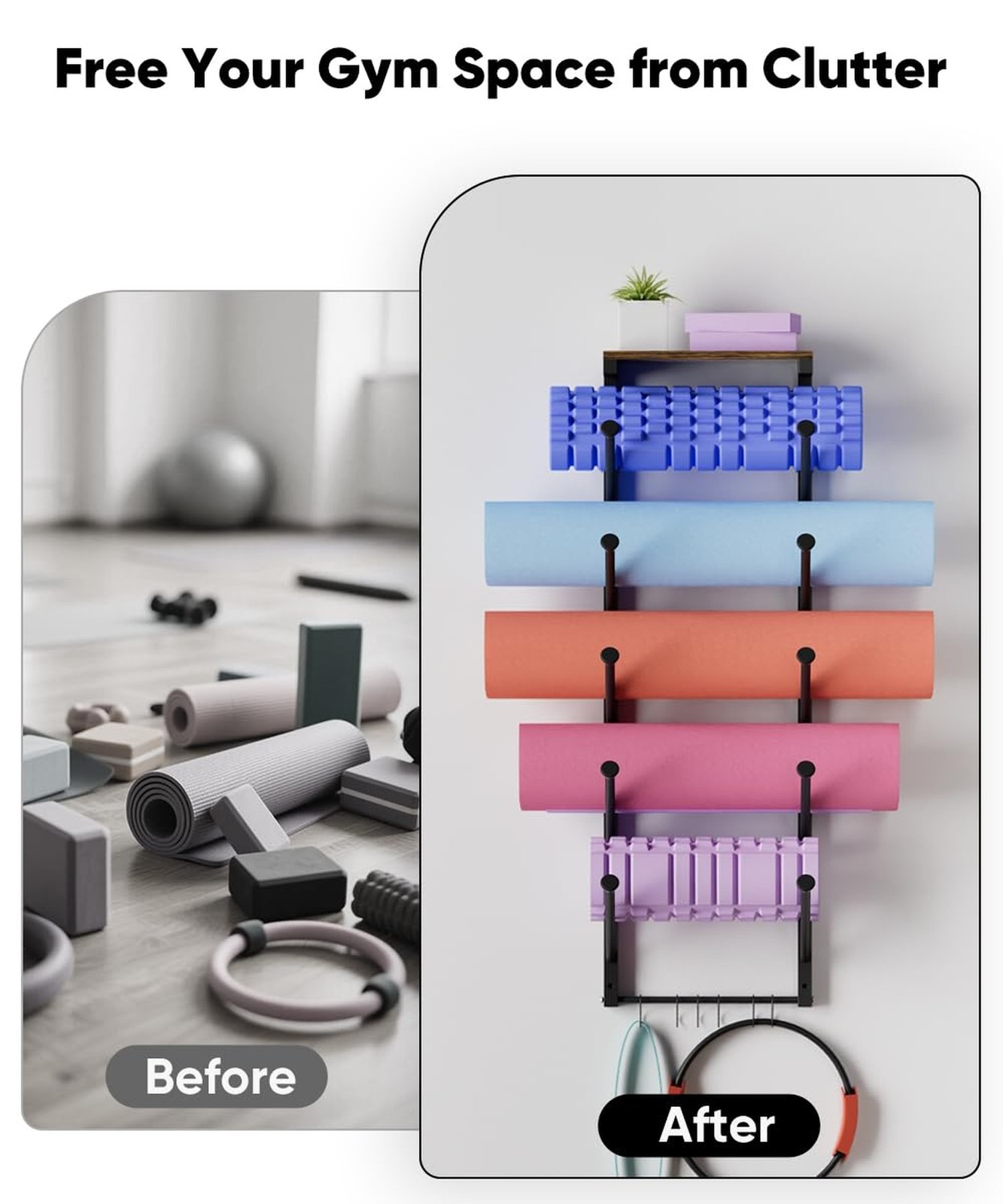 5 Tiers Yoga Mat Holder Rack Wall Mount with 6 Hooks for Hanging Accessory Yo…