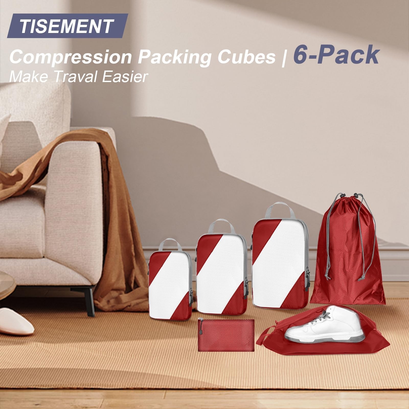6 Set Ultralight Compression Packing Cubes Packing Organizer with Shoe Bag fo…