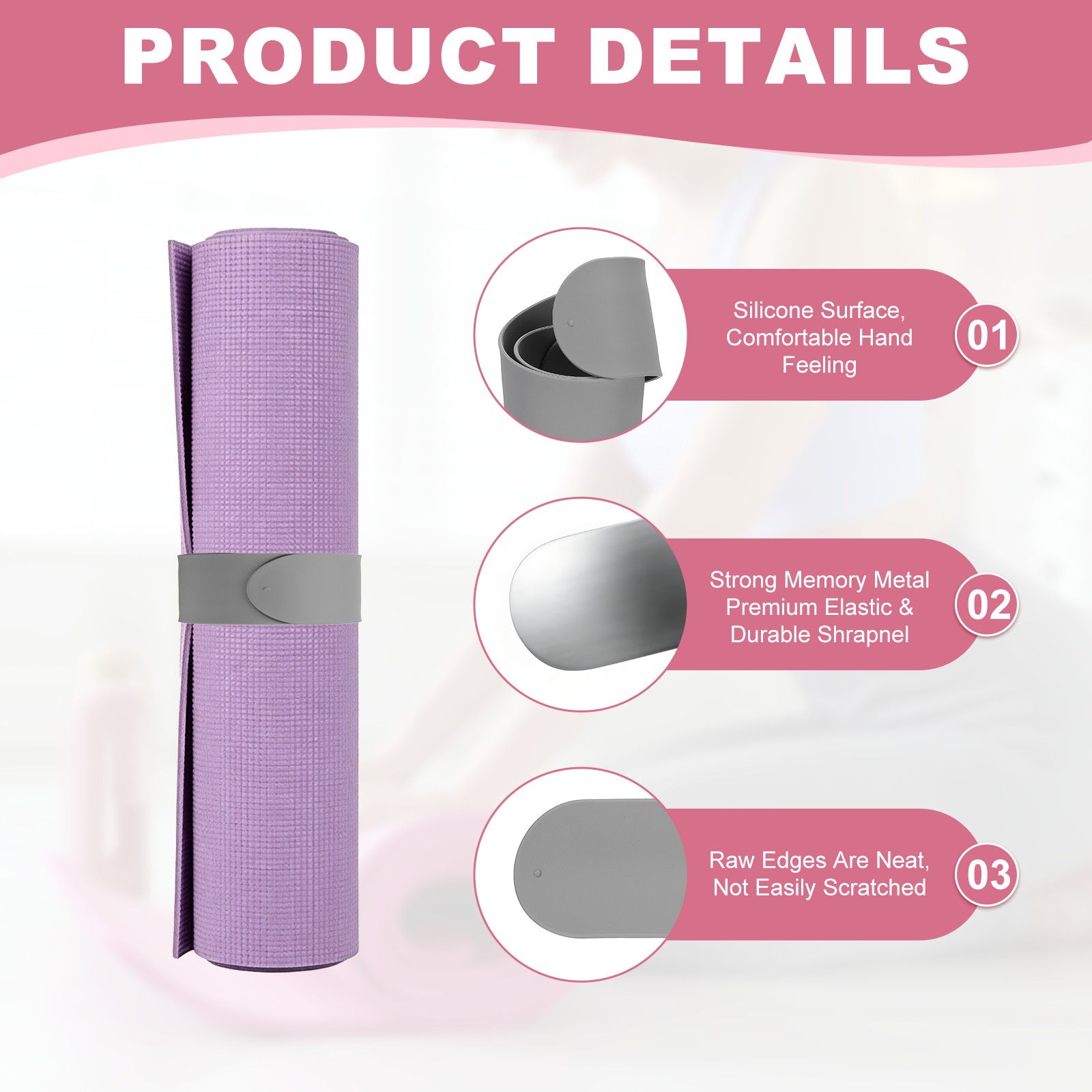 2Pcs Yoga Mat Strap Slap Band One Snap Yoga Mat Slap Band, Gray