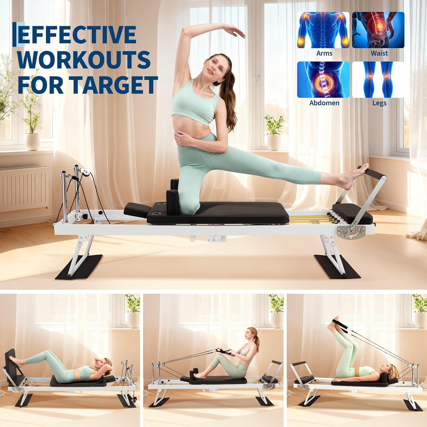Foldable Pilates Reformer with Jump Board & Adjustable Resistance for Home Gym