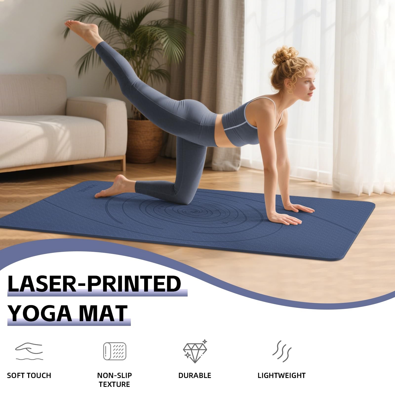 Large Yoga Mat Thick, 76&Prime;x32&Prime;x0.31&Prime;Wide POE 76&Prime; x 32&Prime; x 0.31&Prime;, Navy Blue