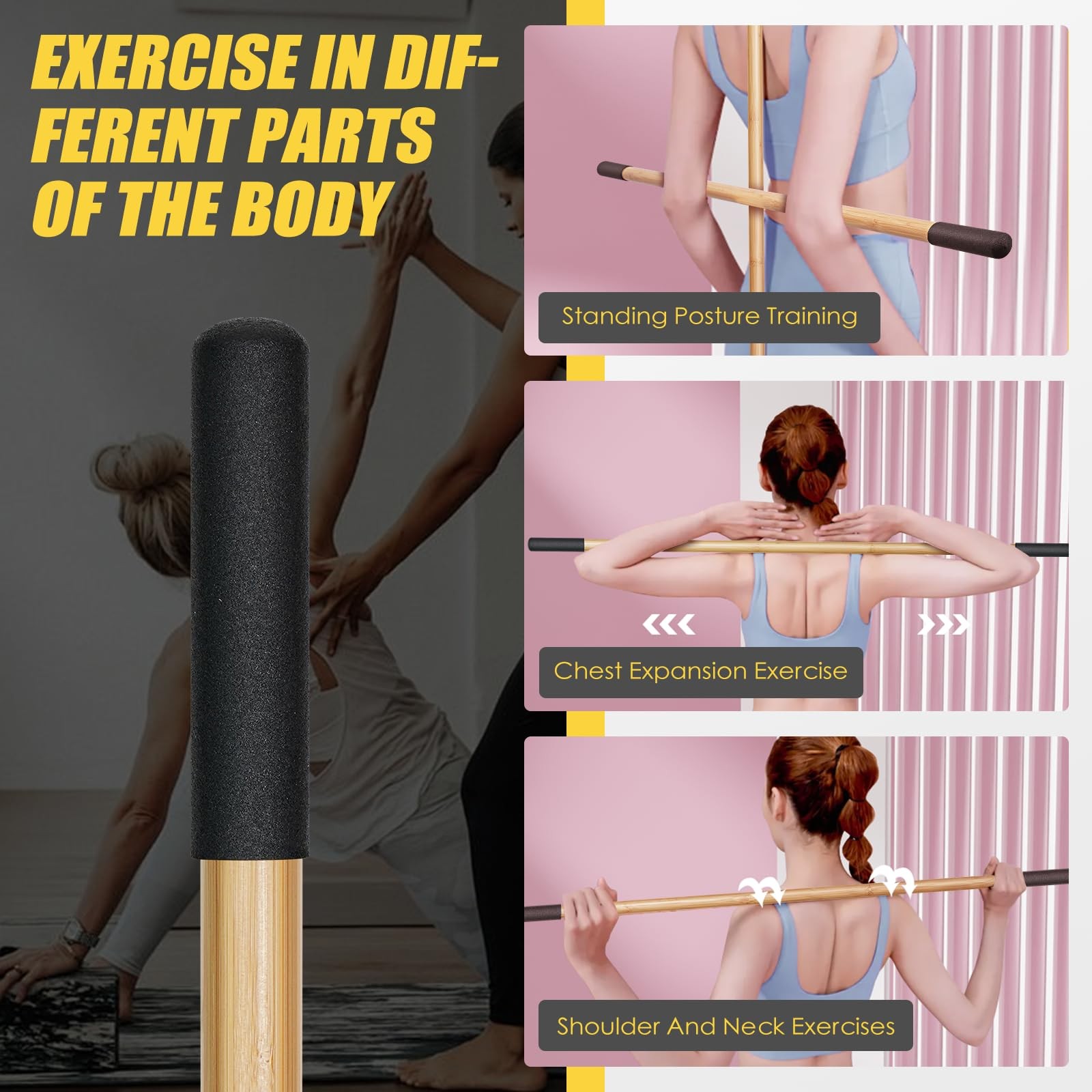 Bamboo Stretch Yoga Stick 5ft for Physical Therapy, Exercise Bar w/ Rubber Handl