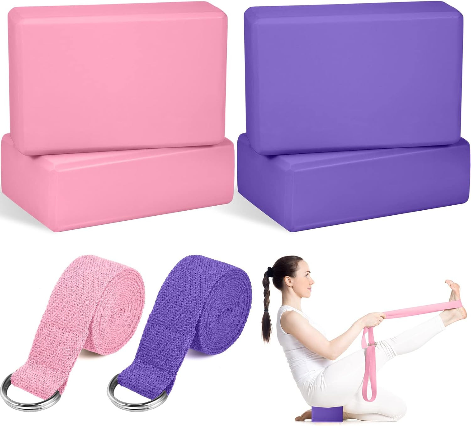 6 Pcs Yoga Block and Strap Set 4 Pcs 9 X 6 X 3 Inches EVA Foam Pilates Block 2 P