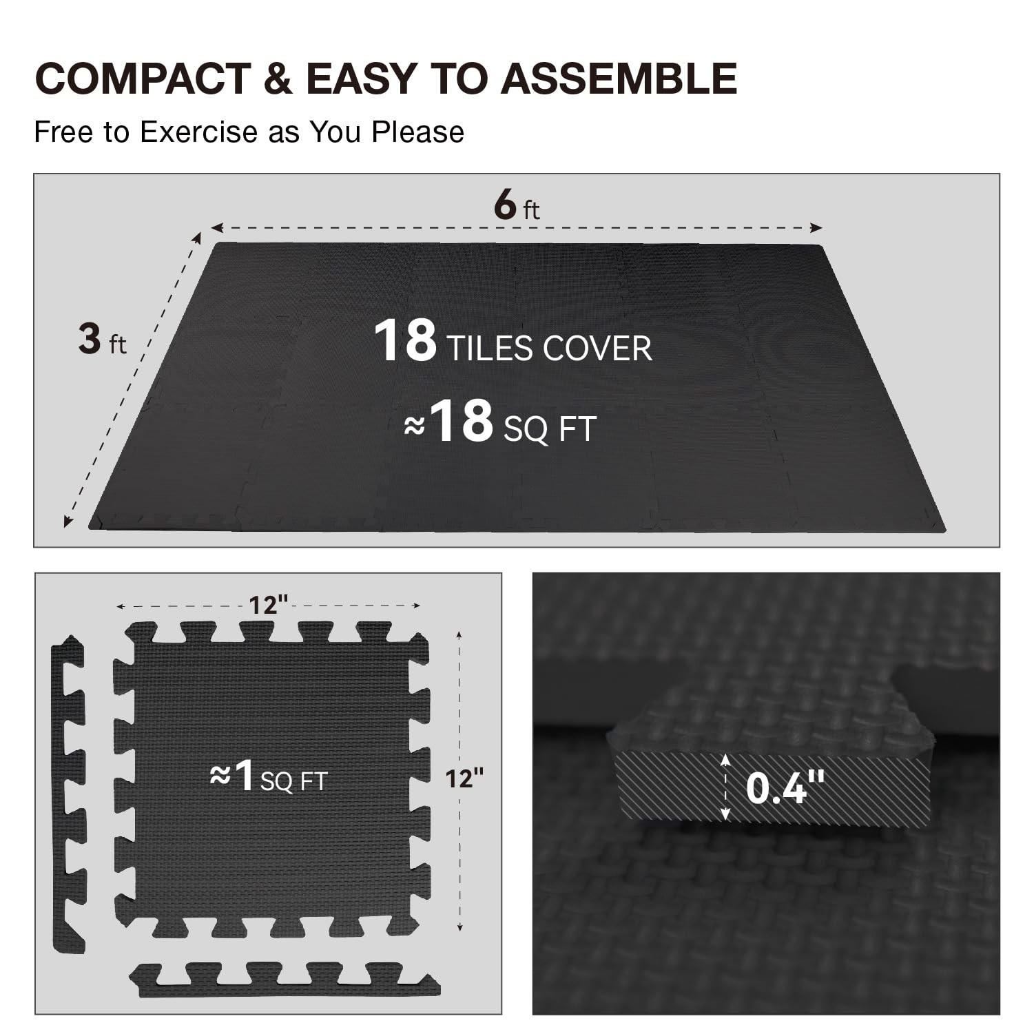 AIRHOP 18 Tiles Gym Floor Mat, EVA Foam Black | 18 |1.67m²,