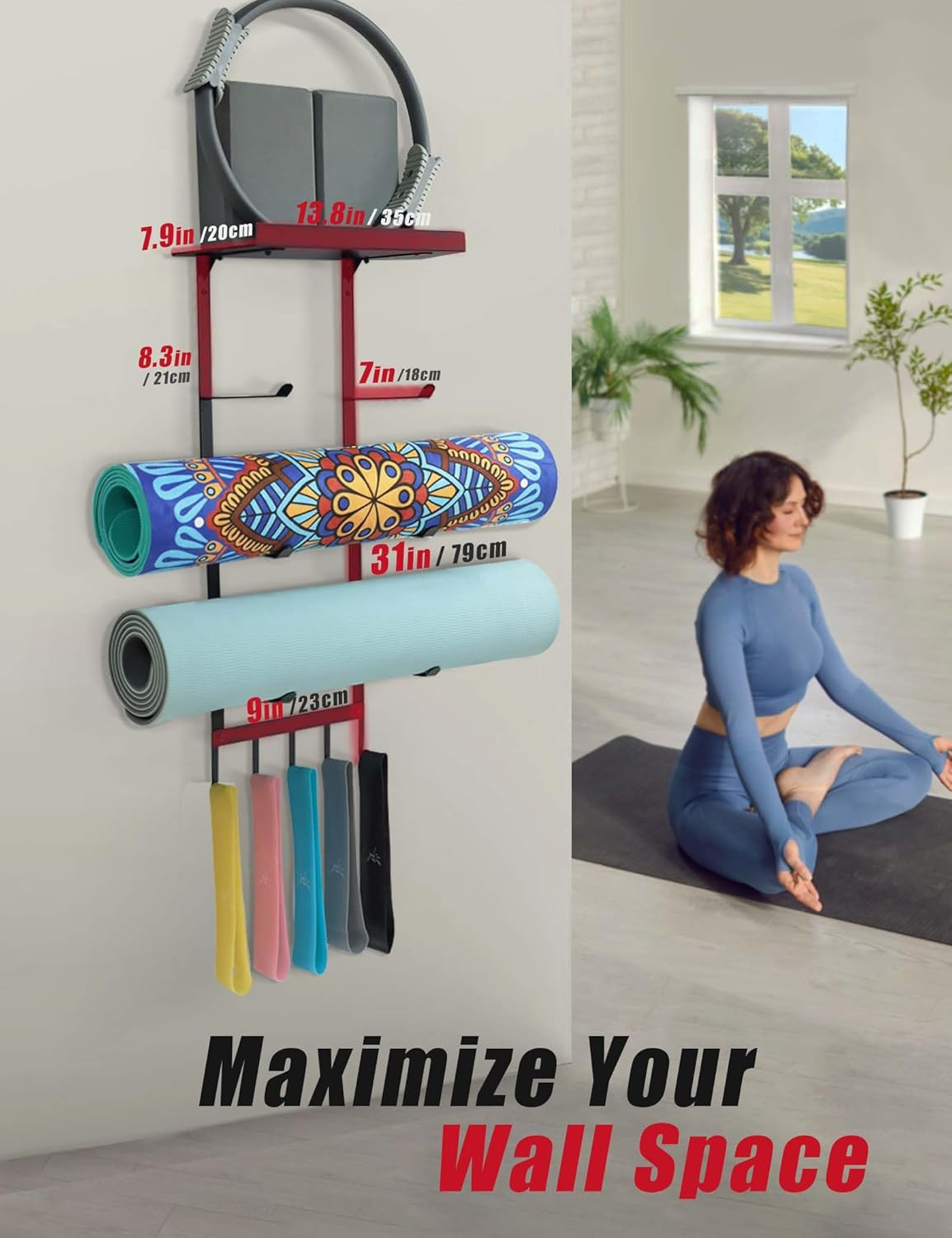 Yoga Mat Holder Wall Mount, Home Gym Storage Rack with Top Floating Shelf, 4-Tie