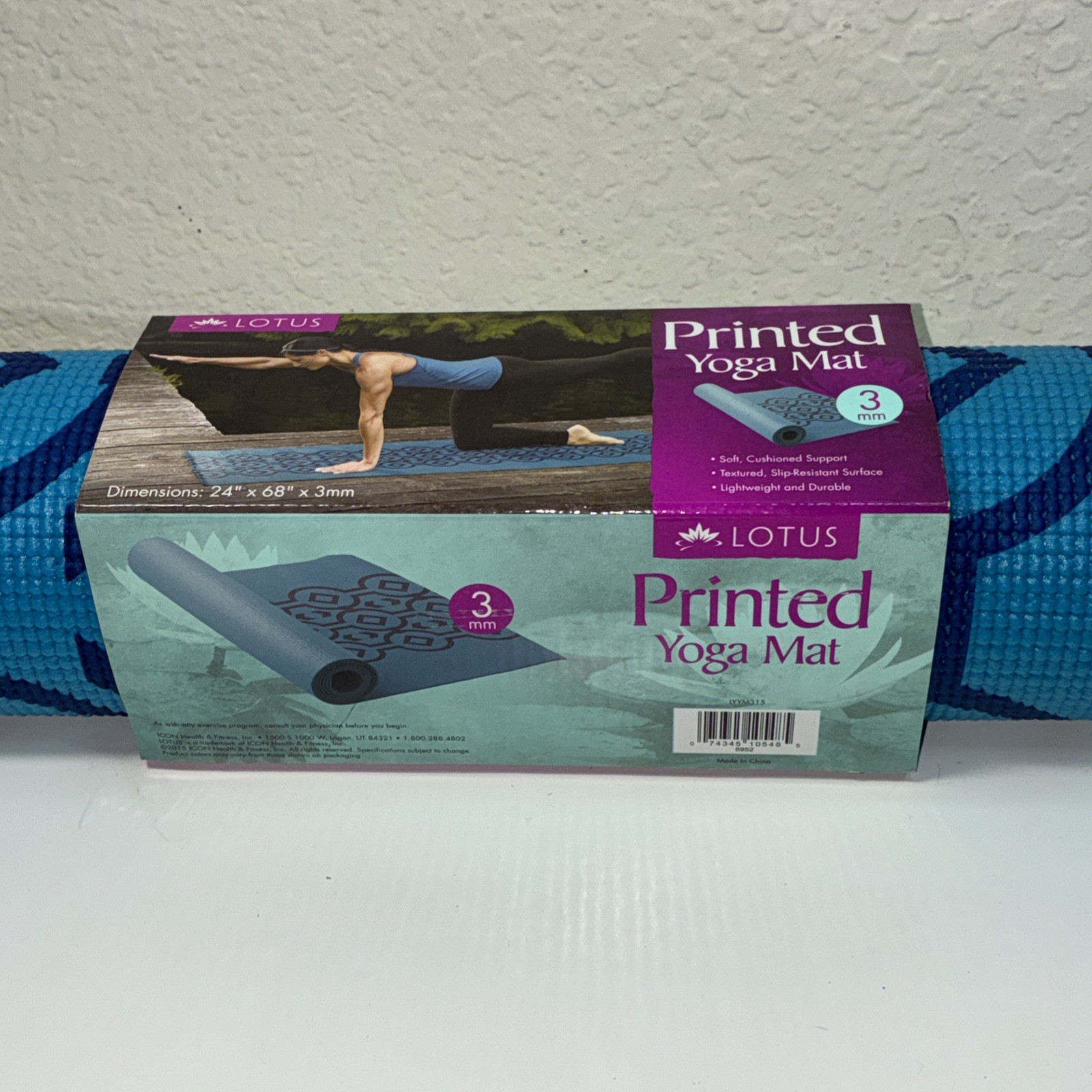NEW Lotus Printed Blue Yoga 3mm Mat Cushioned Support Textured 24&Prime;x68&Prime;