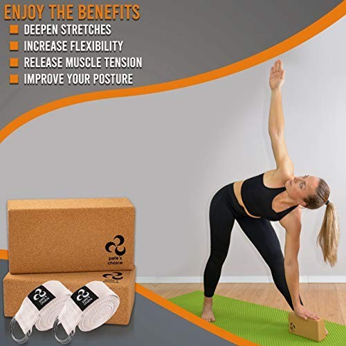 Yoga Straps 8FT Cork Blocks 2 Pack Stretch Flexibility Pilates Gym Workout