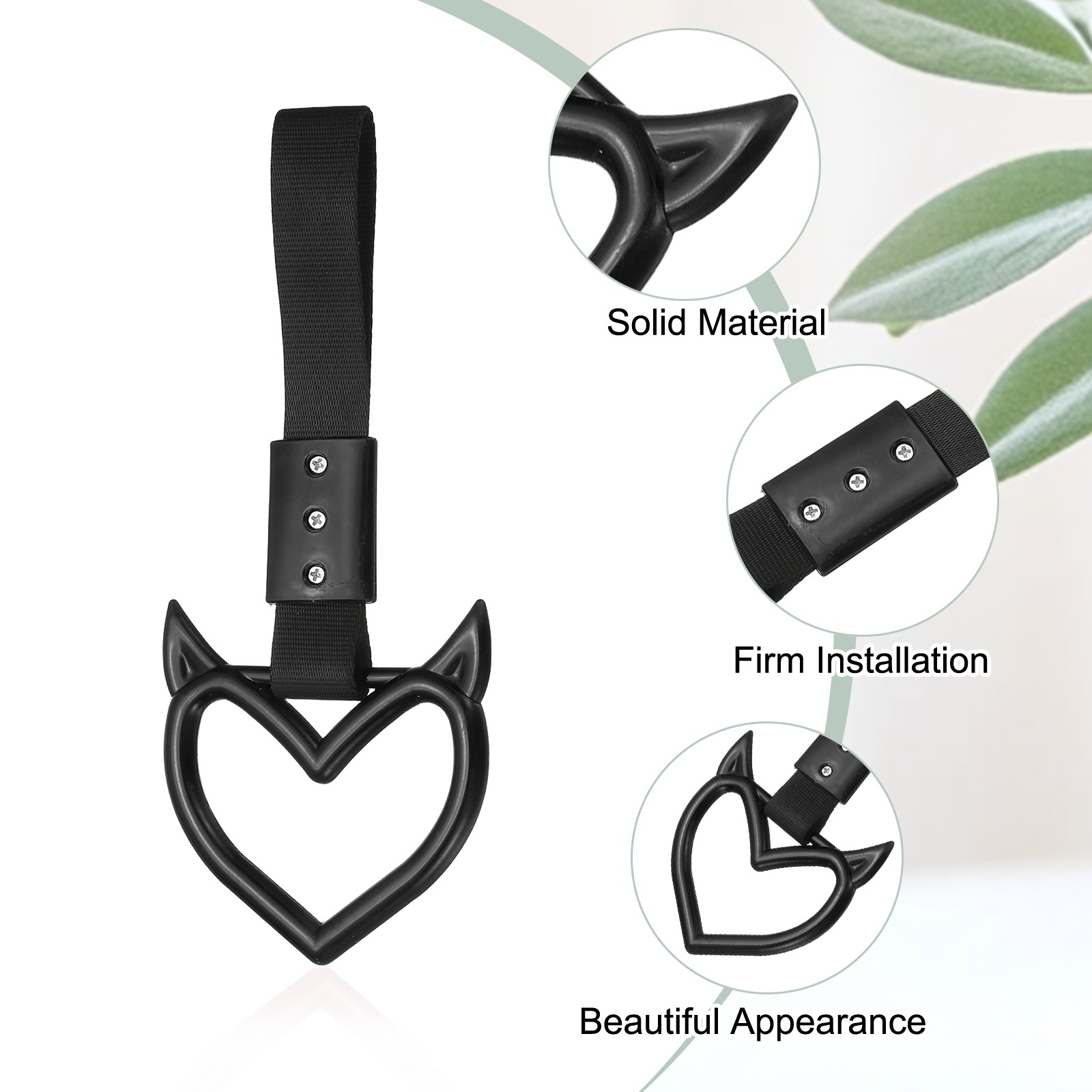 2Pcs Evil Heart Shaped Car Handle Straps Black (Black Strap)